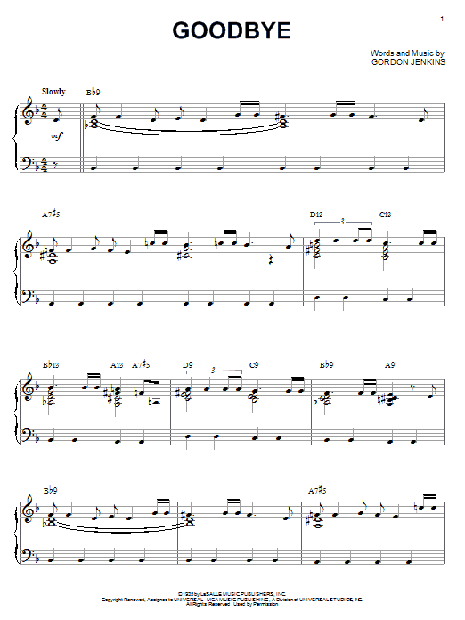 Benny Goodman Goodbye sheet music notes and chords arranged for Piano, Vocal & Guitar Chords (Right-Hand Melody)