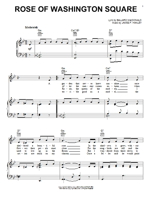 Benny Goodman Rose Of Washington Square sheet music notes and chords arranged for Piano, Vocal & Guitar Chords (Right-Hand Melody)