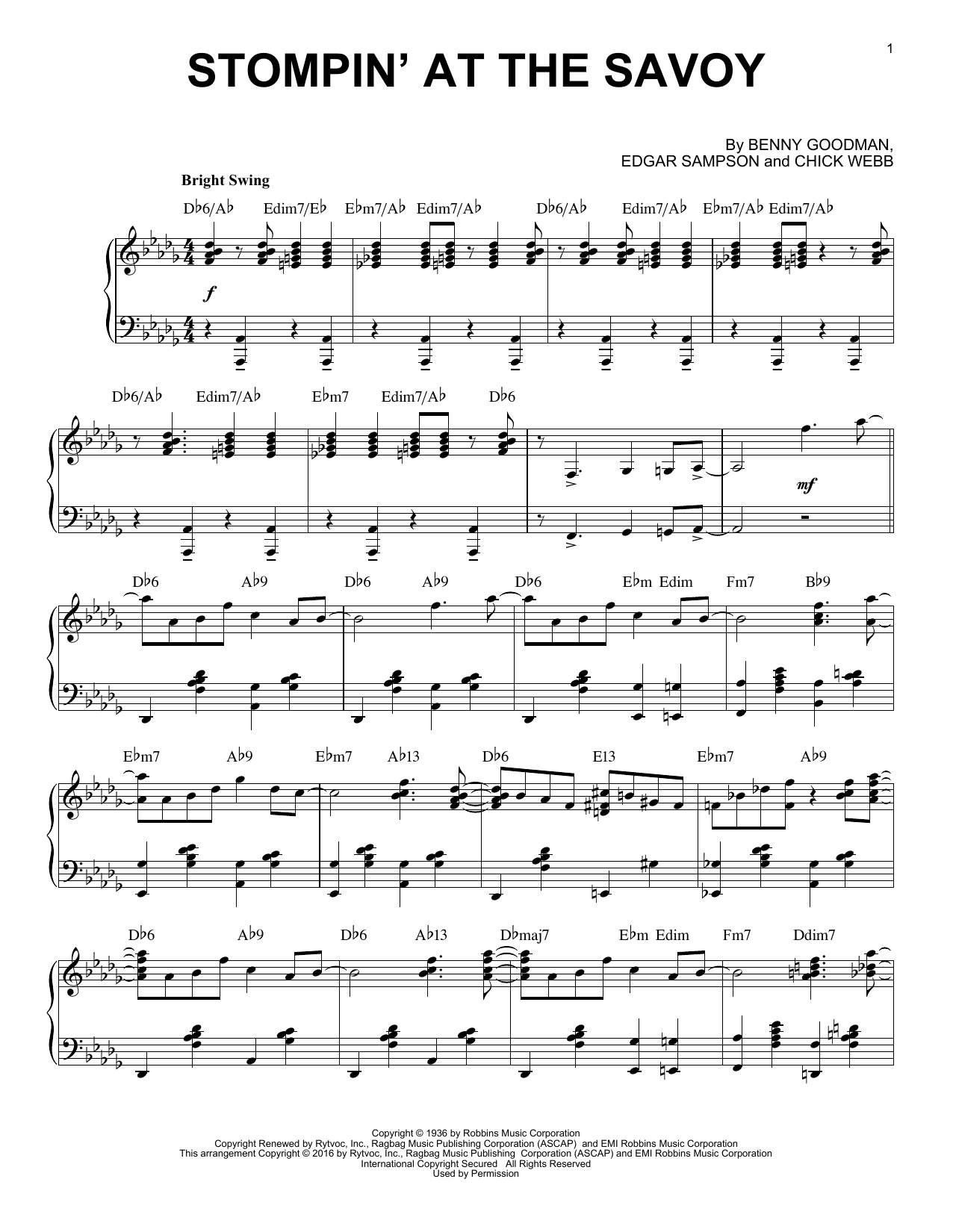 Benny Goodman Stompin' At The Savoy (arr. Brent Edstrom) sheet music notes and chords arranged for Piano Solo