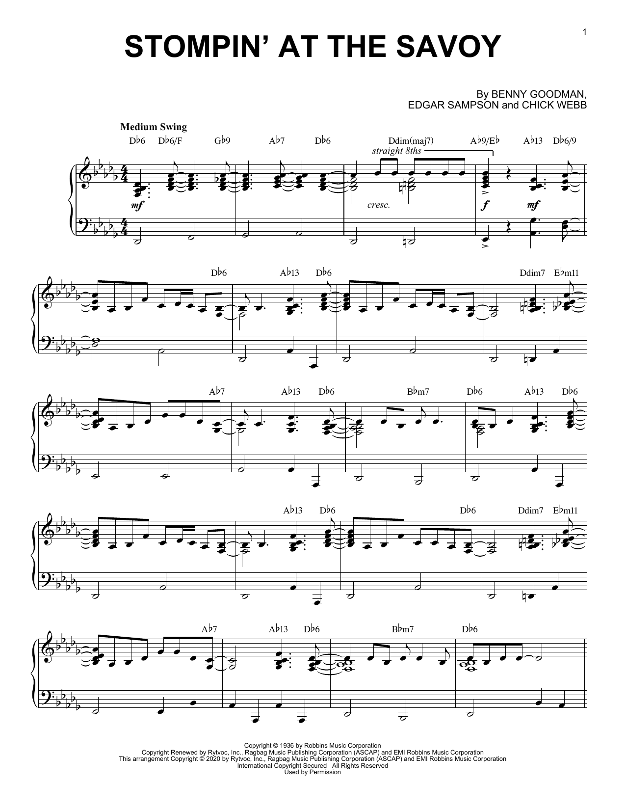 Benny Goodman Stompin' At The Savoy [Jazz version] (arr. Brent Edstrom) sheet music notes and chords arranged for Piano Solo