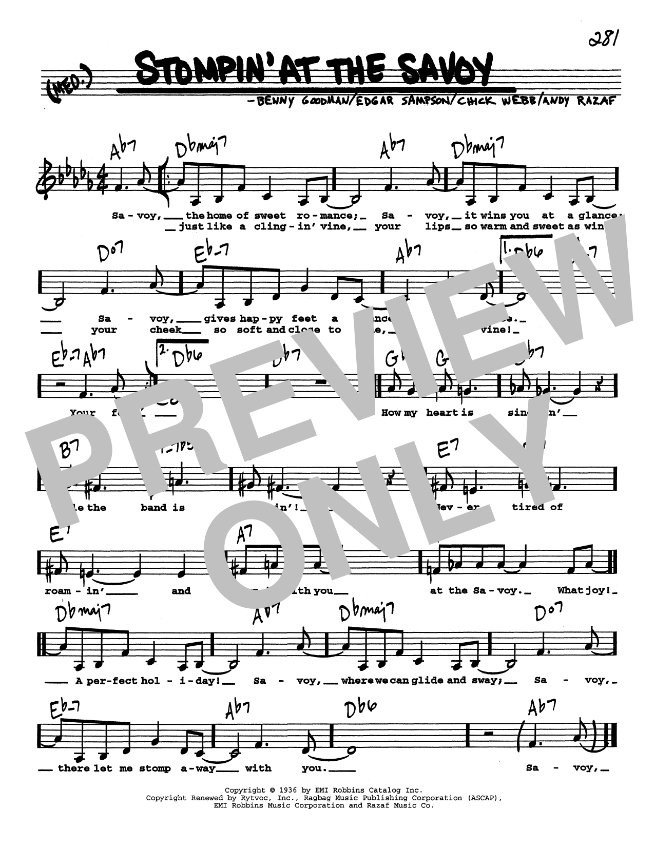 Benny Goodman Stompin' At The Savoy (Low Voice) sheet music notes and chords arranged for Real Book – Melody, Lyrics & Chords