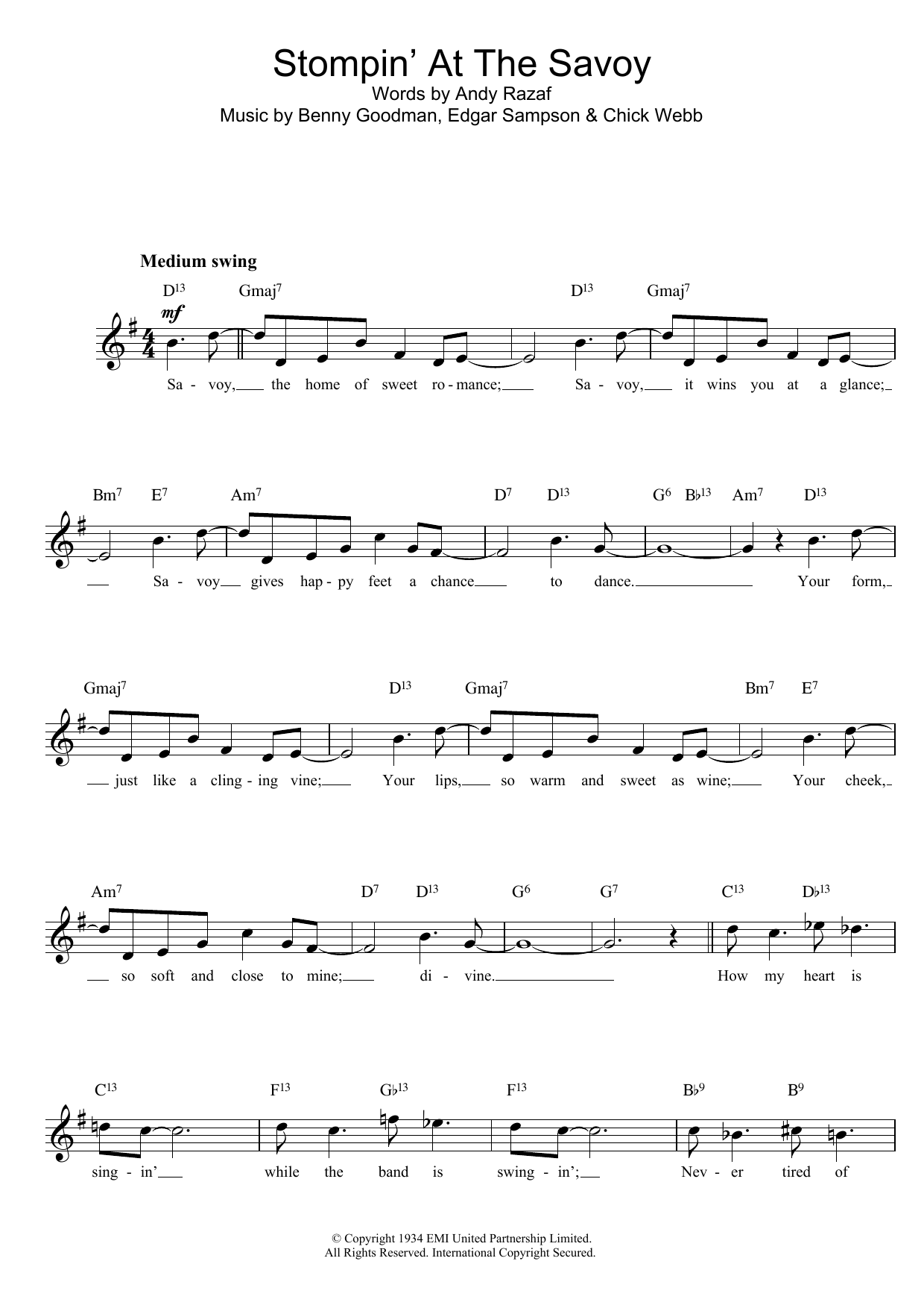 Benny Goodman Stompin' At The Savoy sheet music notes and chords arranged for Ocarina