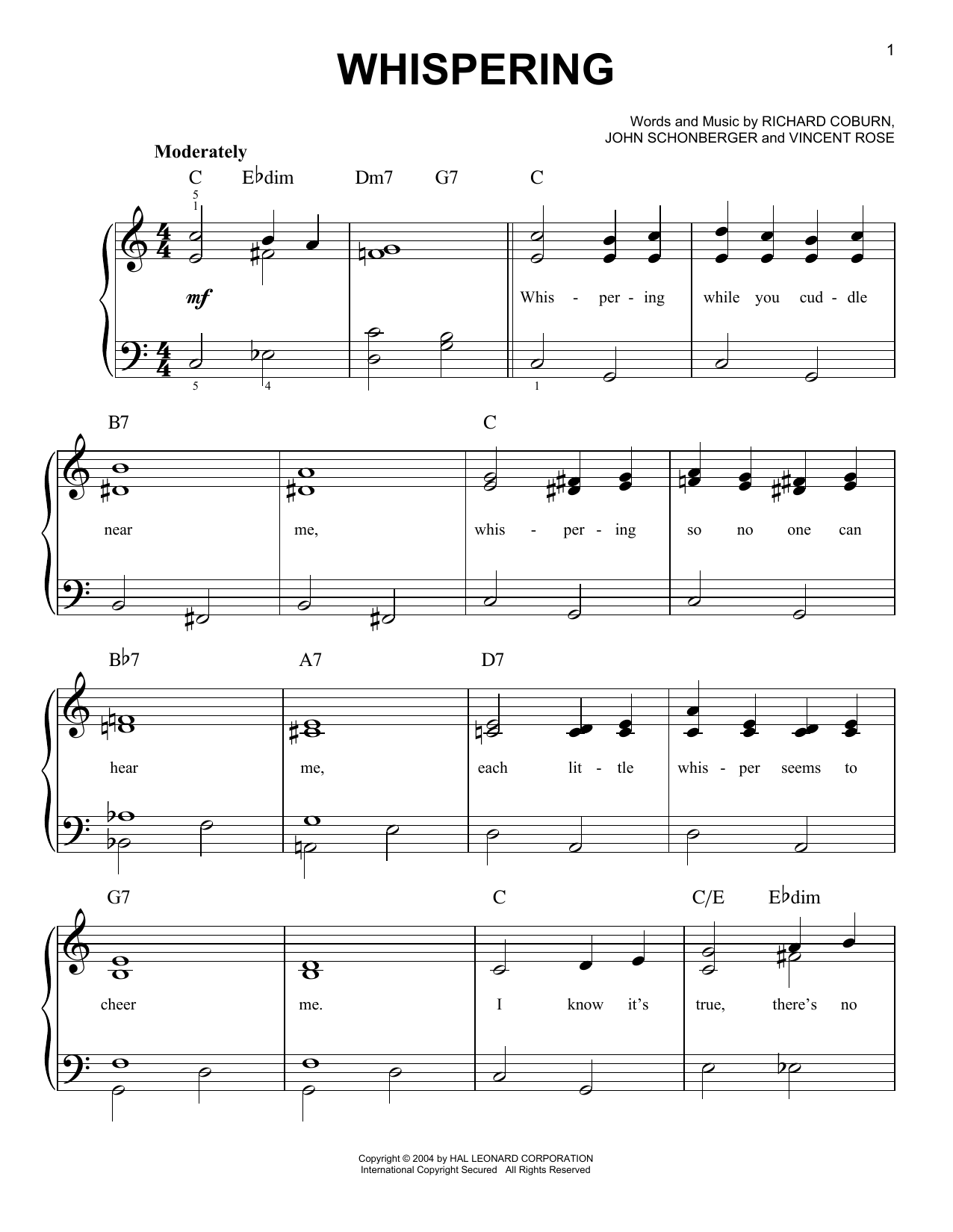 Benny Goodman Whispering sheet music notes and chords arranged for Easy Piano