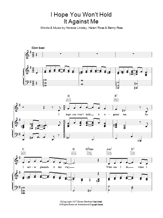 Benny Ross I Hope You Won't Hold It Against Me sheet music notes and chords arranged for Piano, Vocal & Guitar Chords