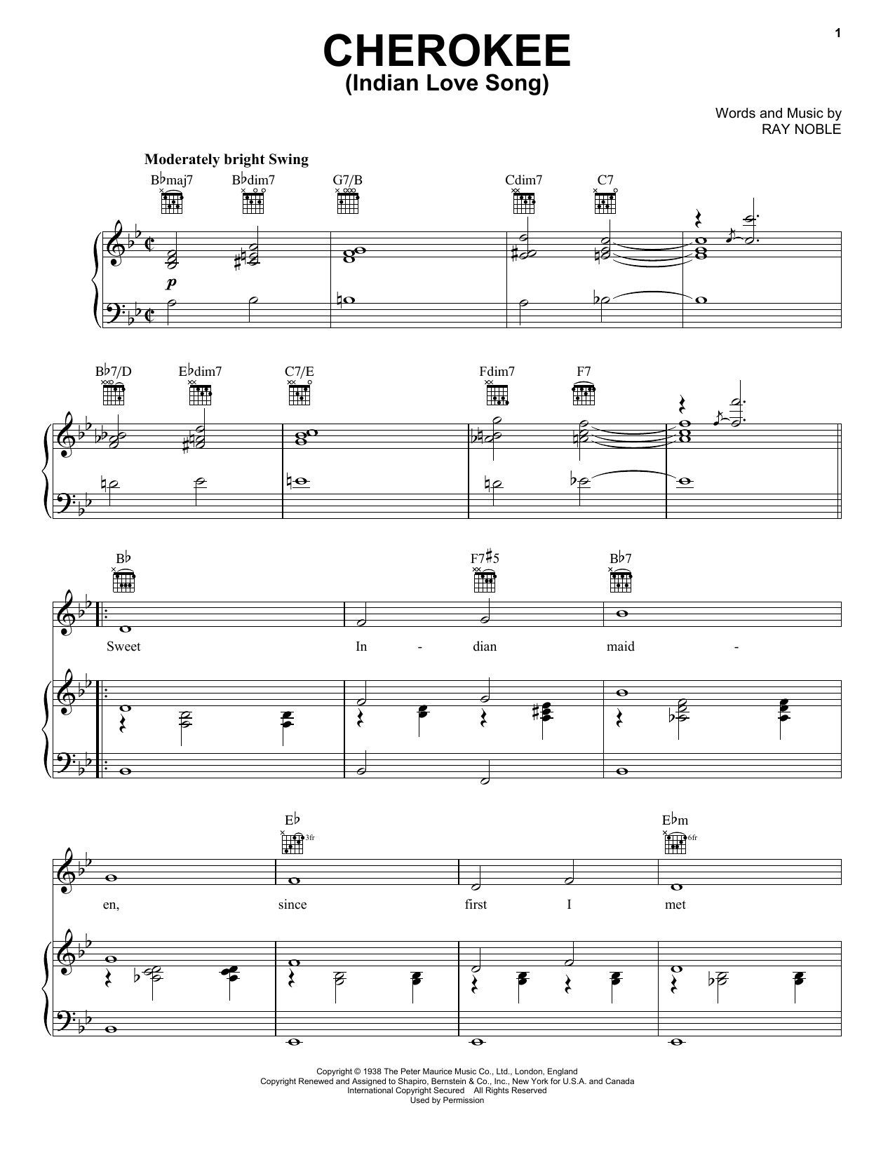 Benny Sextet Goodman Cherokee (Indian Love Song) sheet music notes and chords arranged for Piano, Vocal & Guitar Chords (Right-Hand Melody)