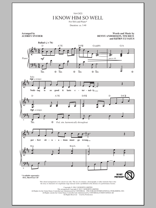 Benny Andersson, Tim Rice and Bjorn Ulvaeus I Know Him So Well (from Chess) (arr. Audrey Snyder) sheet music notes and chords arranged for SSA Choir