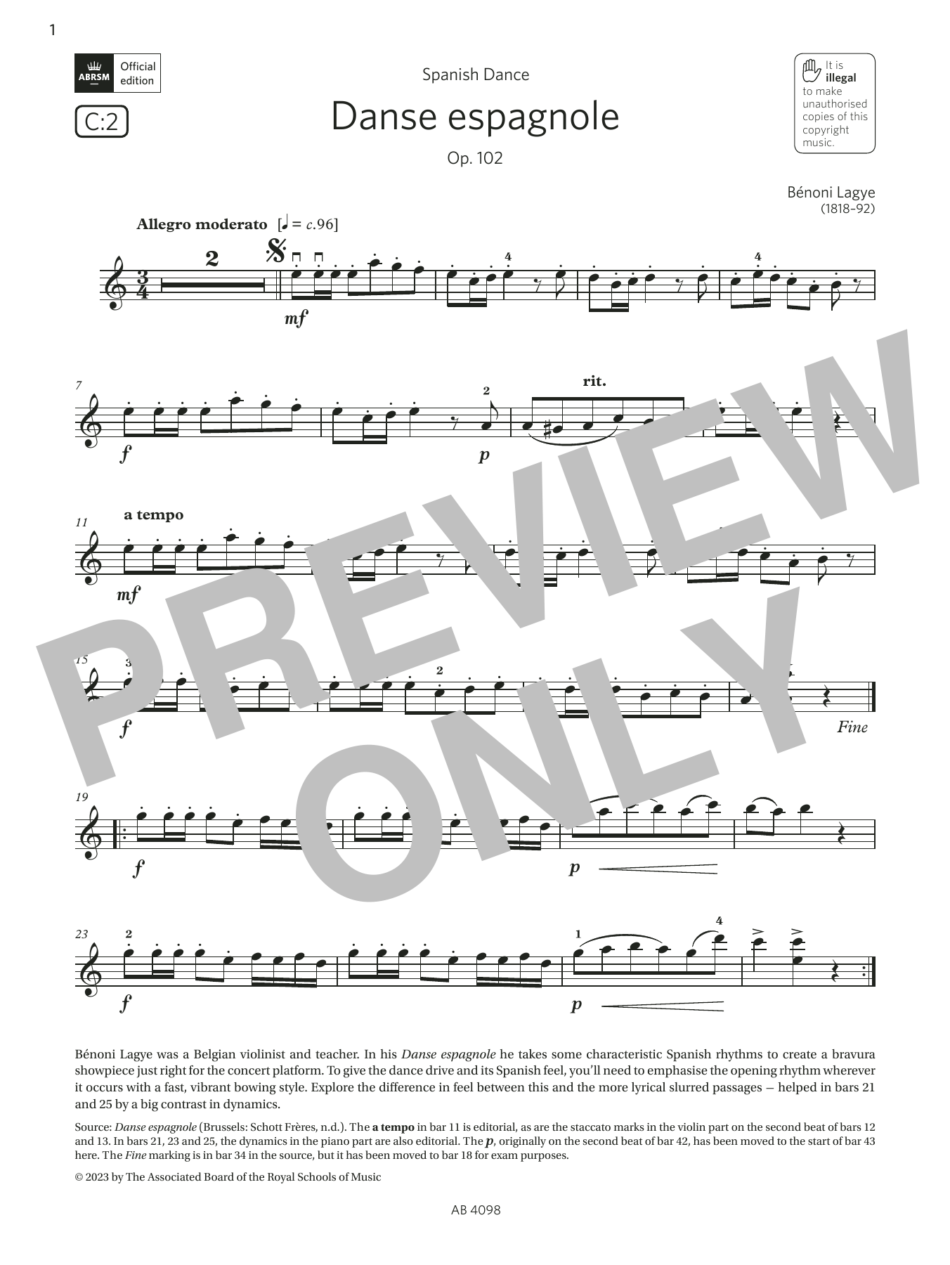 Bénoni Lagye Danse espagnole, Op. 102 (Grade 4, C2, from the ABRSM Violin Syllabus from 2024) sheet music notes and chords arranged for Violin Solo