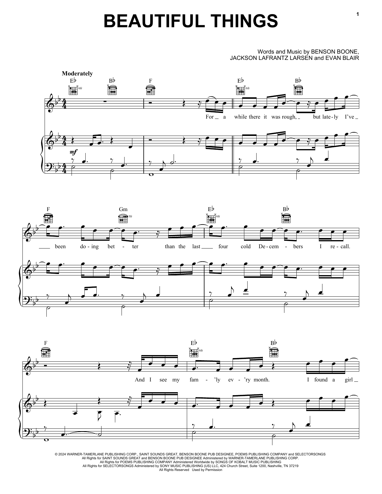 Benson Boone Beautiful Things sheet music notes and chords arranged for Piano, Vocal & Guitar Chords (Right-Hand Melody)