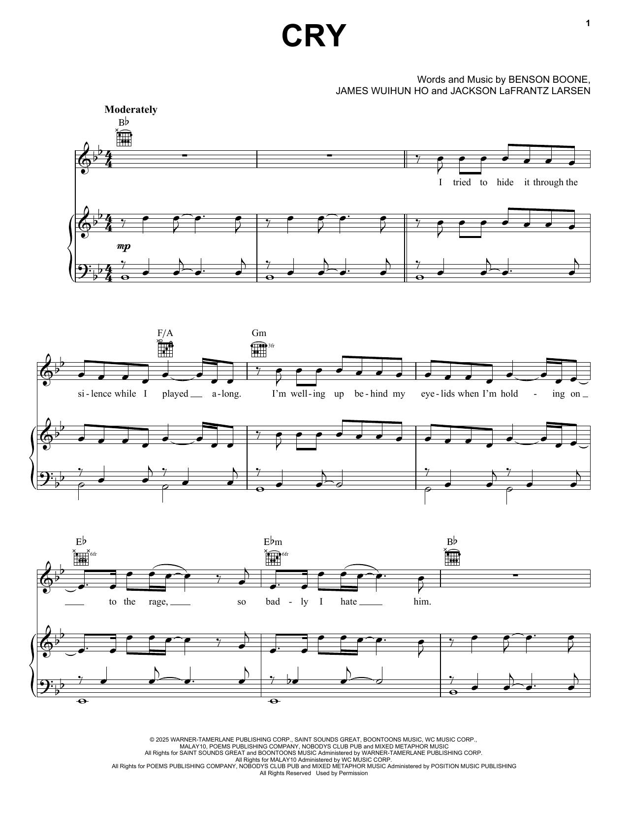 Benson Boone Cry sheet music notes and chords arranged for Piano, Vocal & Guitar Chords (Right-Hand Melody)