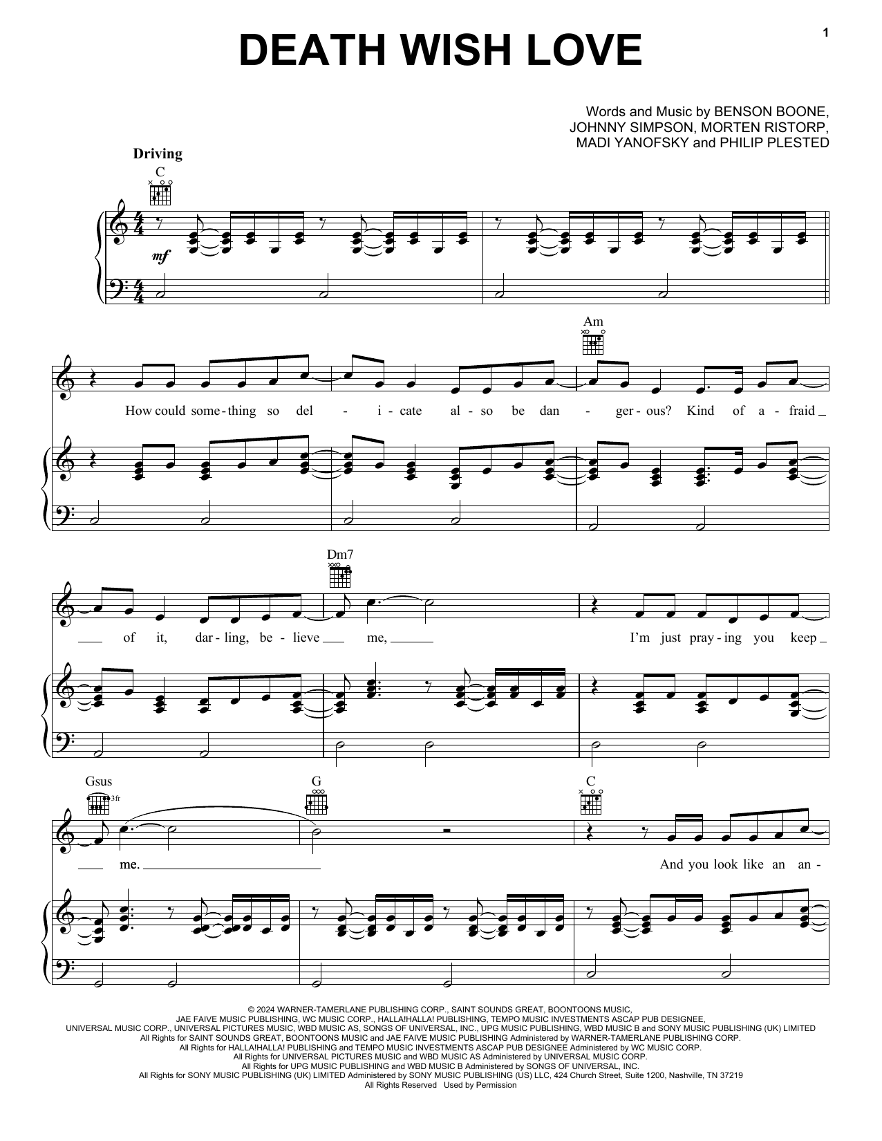 Benson Boone Death Wish Love (from Twisters) sheet music notes and chords arranged for Piano, Vocal & Guitar Chords (Right-Hand Melody)