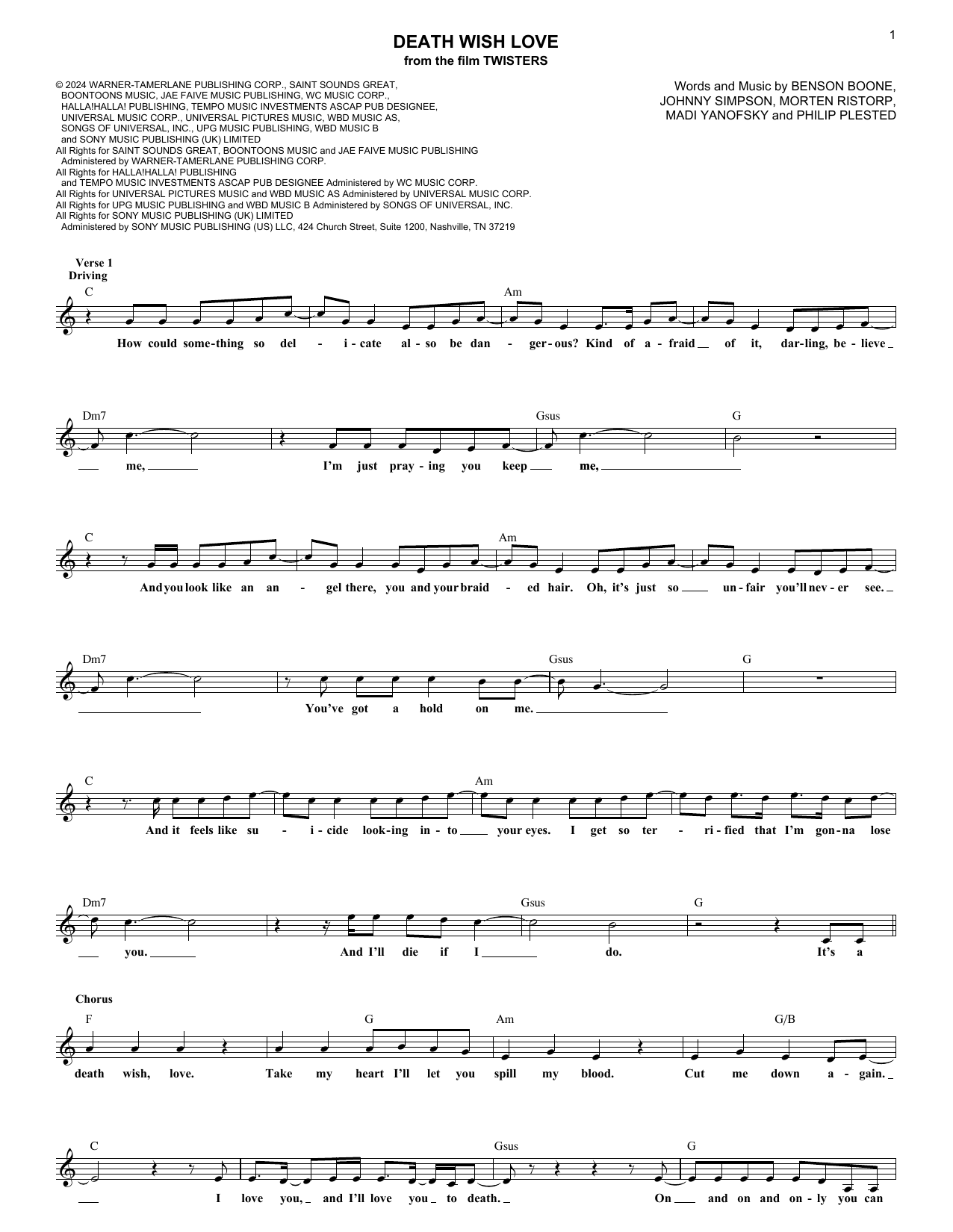 Benson Boone Death Wish Love sheet music notes and chords arranged for Super Easy Piano