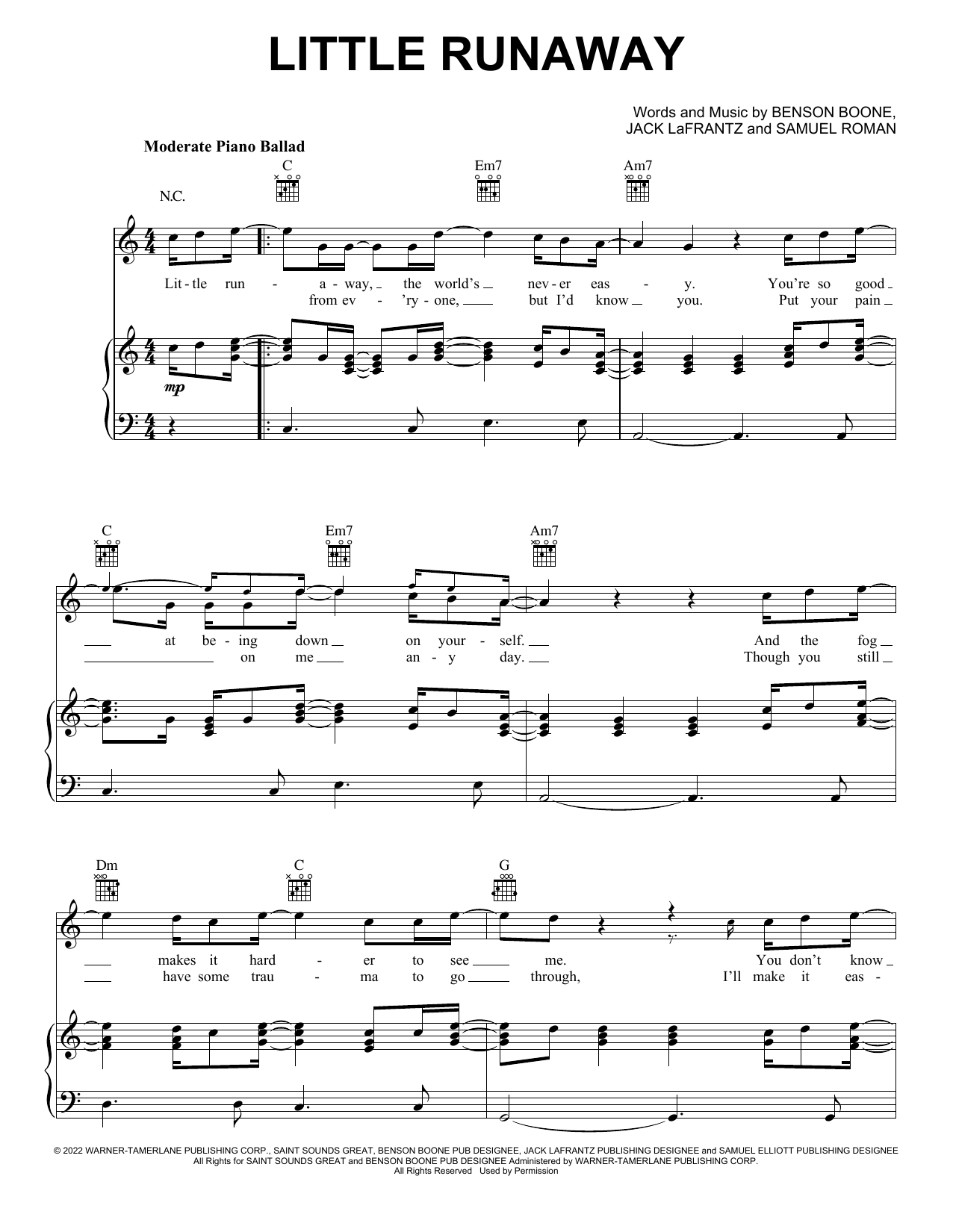 Benson Boone Little Runaway sheet music notes and chords arranged for Piano, Vocal & Guitar Chords (Right-Hand Melody)