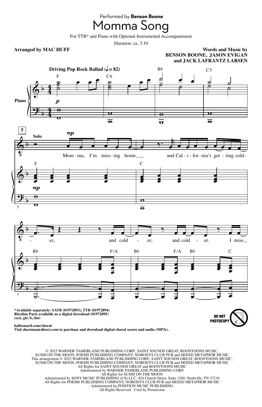 Benson Boone Momma Song (arr. Mac Huff) sheet music notes and chords arranged for Choir