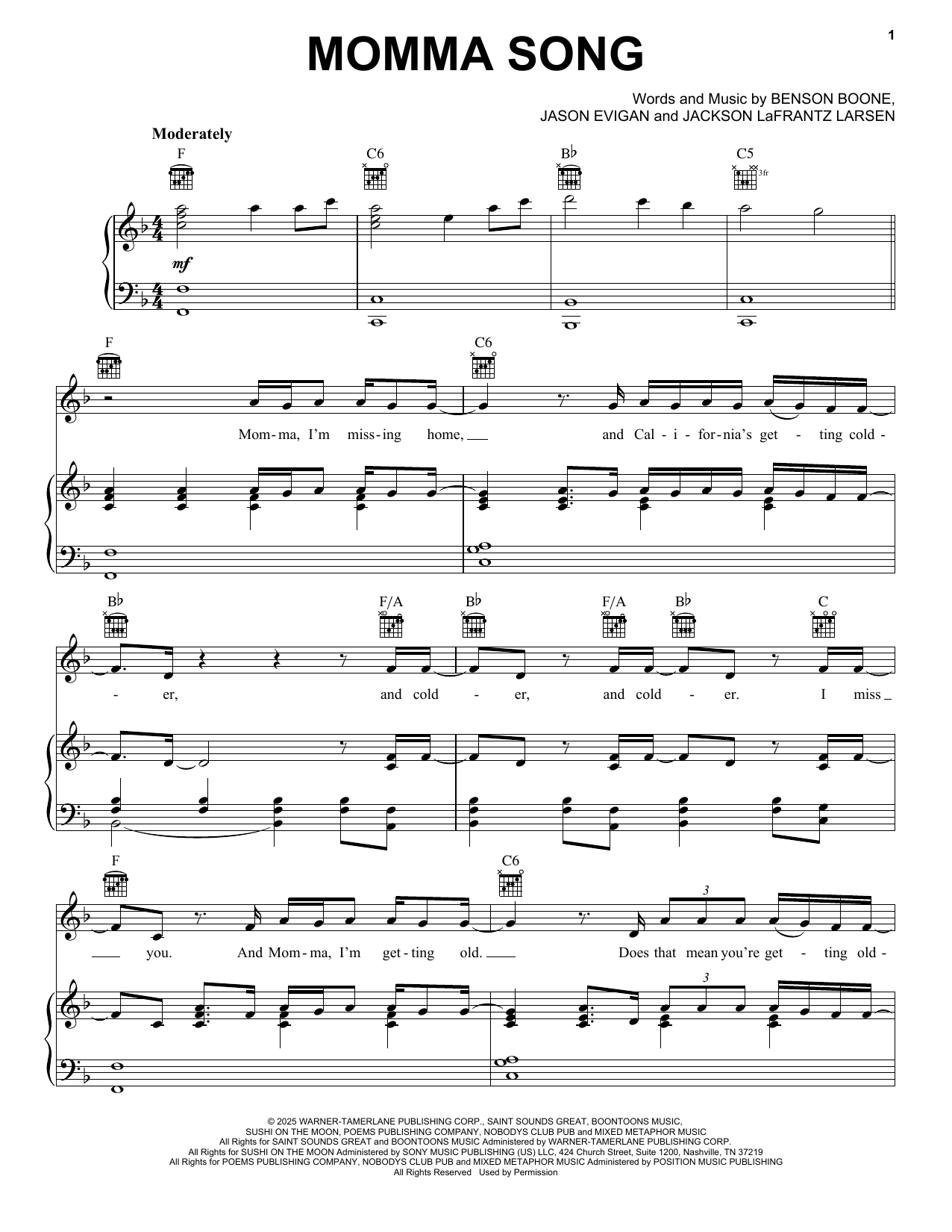 Benson Boone Momma Song sheet music notes and chords arranged for Piano, Vocal & Guitar Chords (Right-Hand Melody)