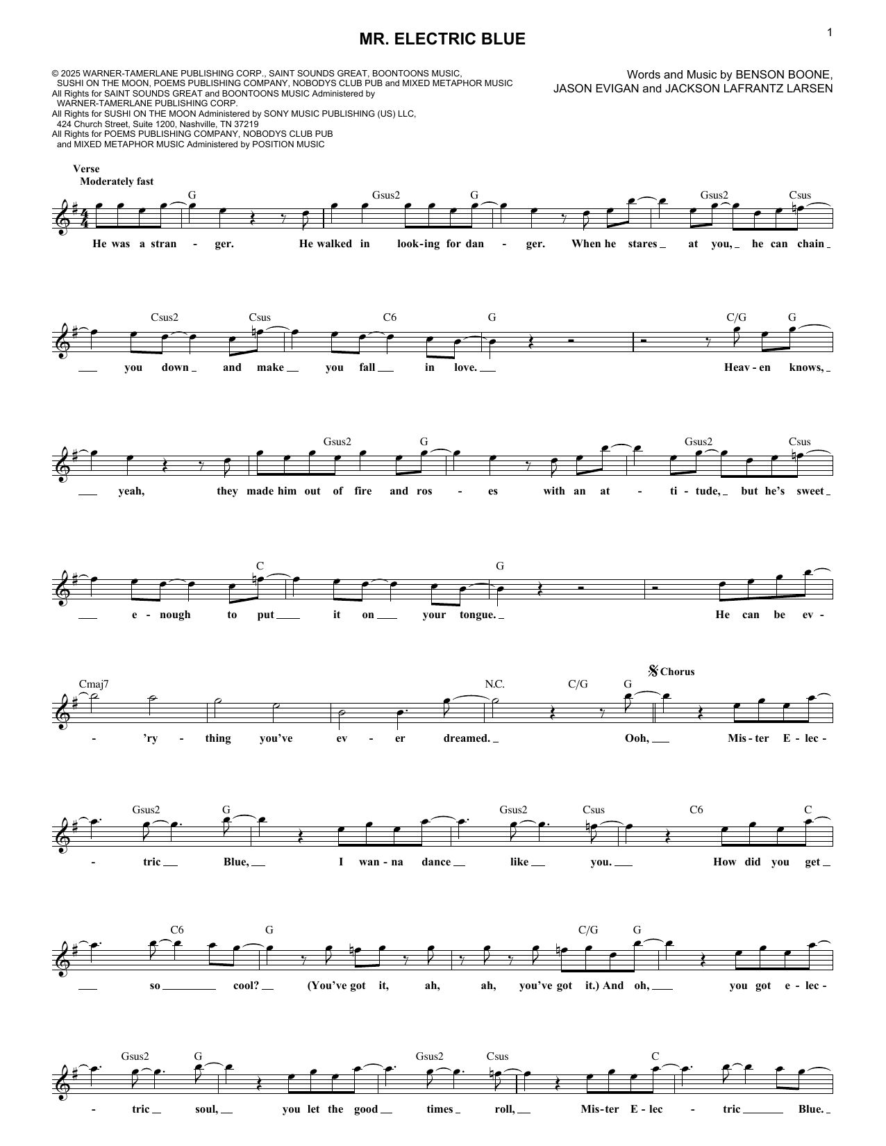 Benson Boone Mr. Electric Blue sheet music notes and chords arranged for Super Easy Piano