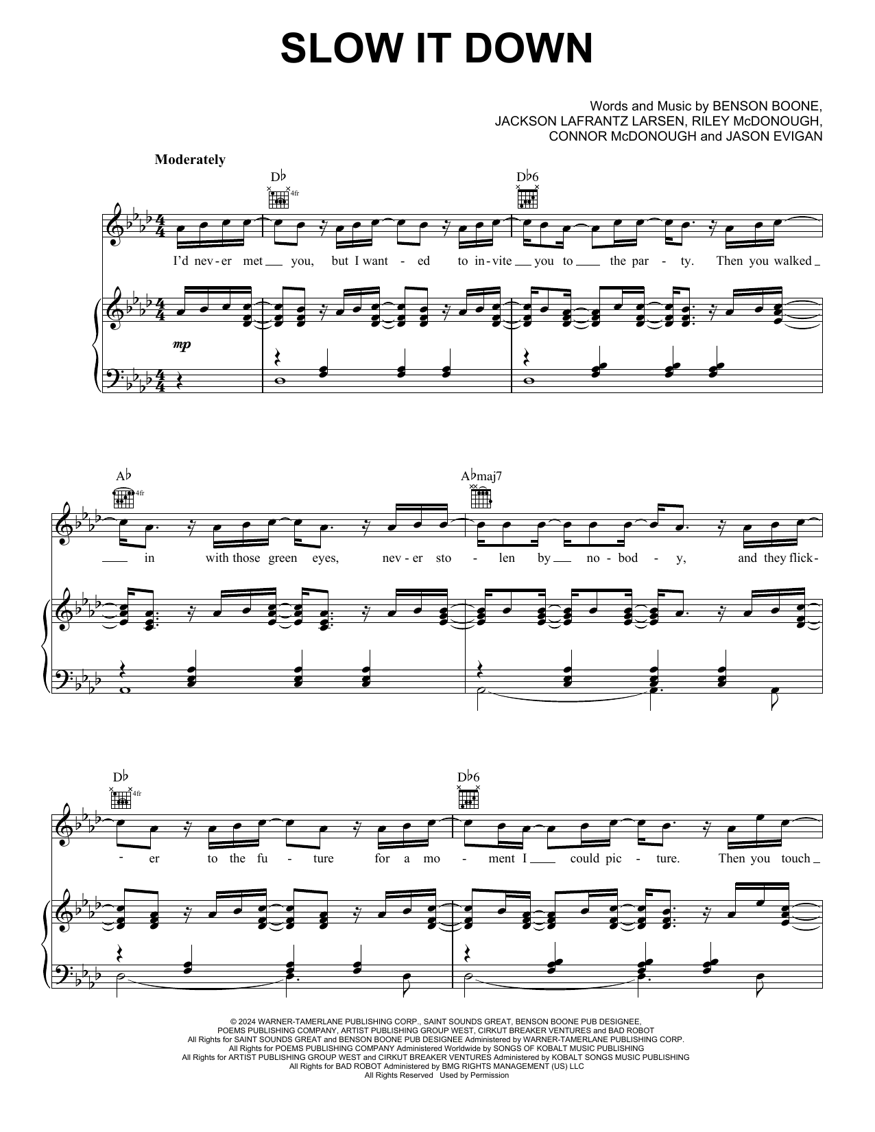 Benson Boone Slow It Down sheet music notes and chords arranged for Piano, Vocal & Guitar Chords (Right-Hand Melody)