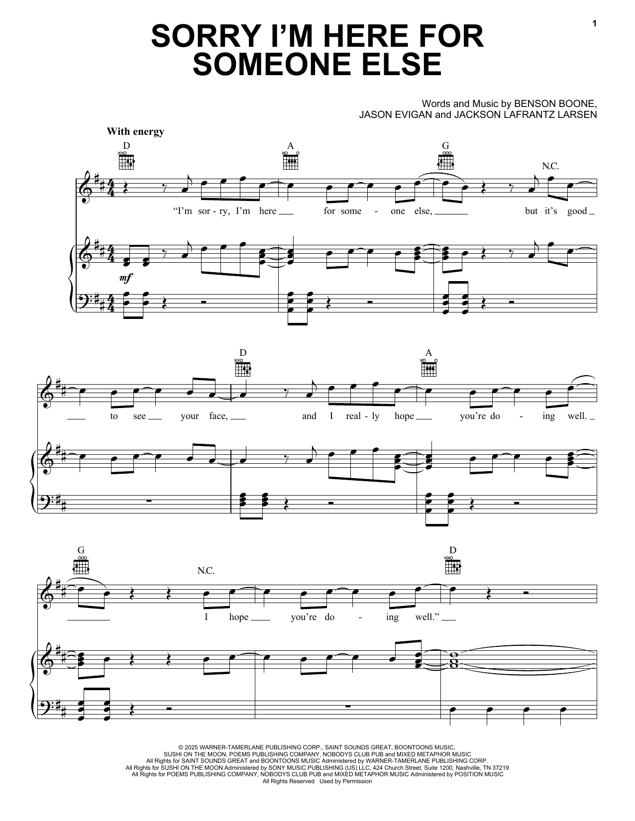 Benson Boone Sorry I'm Here For Someone Else sheet music notes and chords arranged for Piano, Vocal & Guitar Chords (Right-Hand Melody)