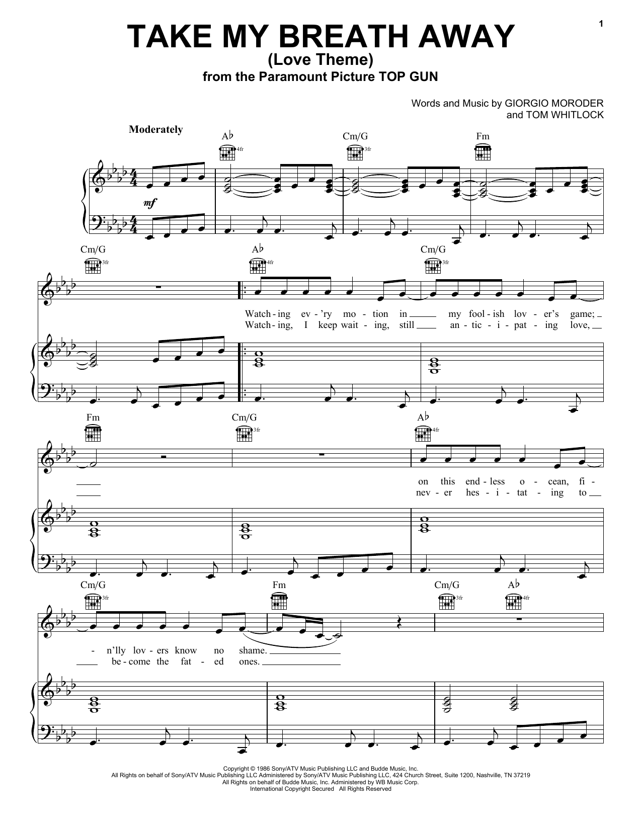 Berlin Take My Breath Away (Love Theme) (from Top Gun) sheet music notes and chords arranged for Vocal Pro + Piano/Guitar