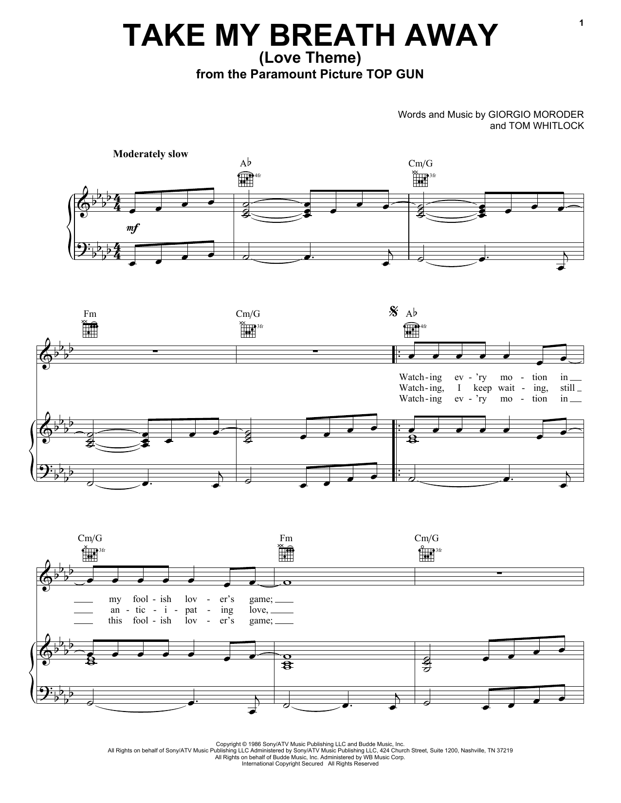 Berlin Take My Breath Away (Love Theme) sheet music notes and chords arranged for Piano Solo