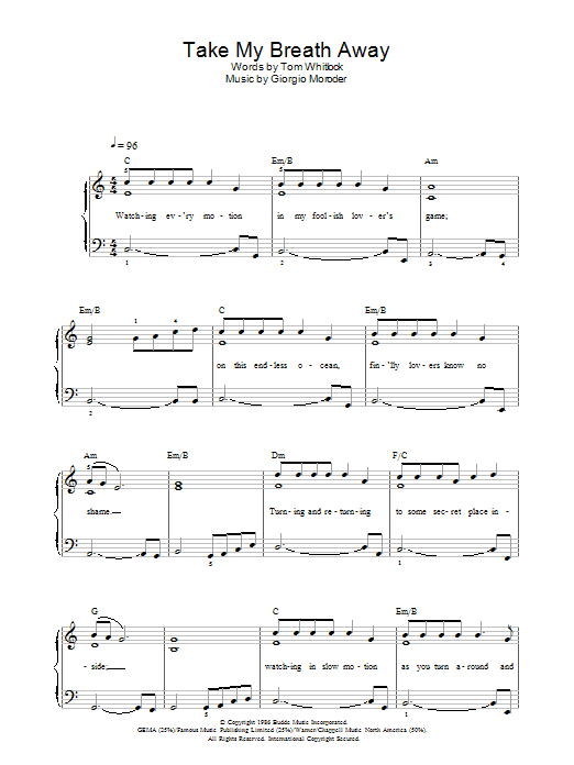 Berlin Take My Breath Away sheet music notes and chords arranged for Clarinet Solo