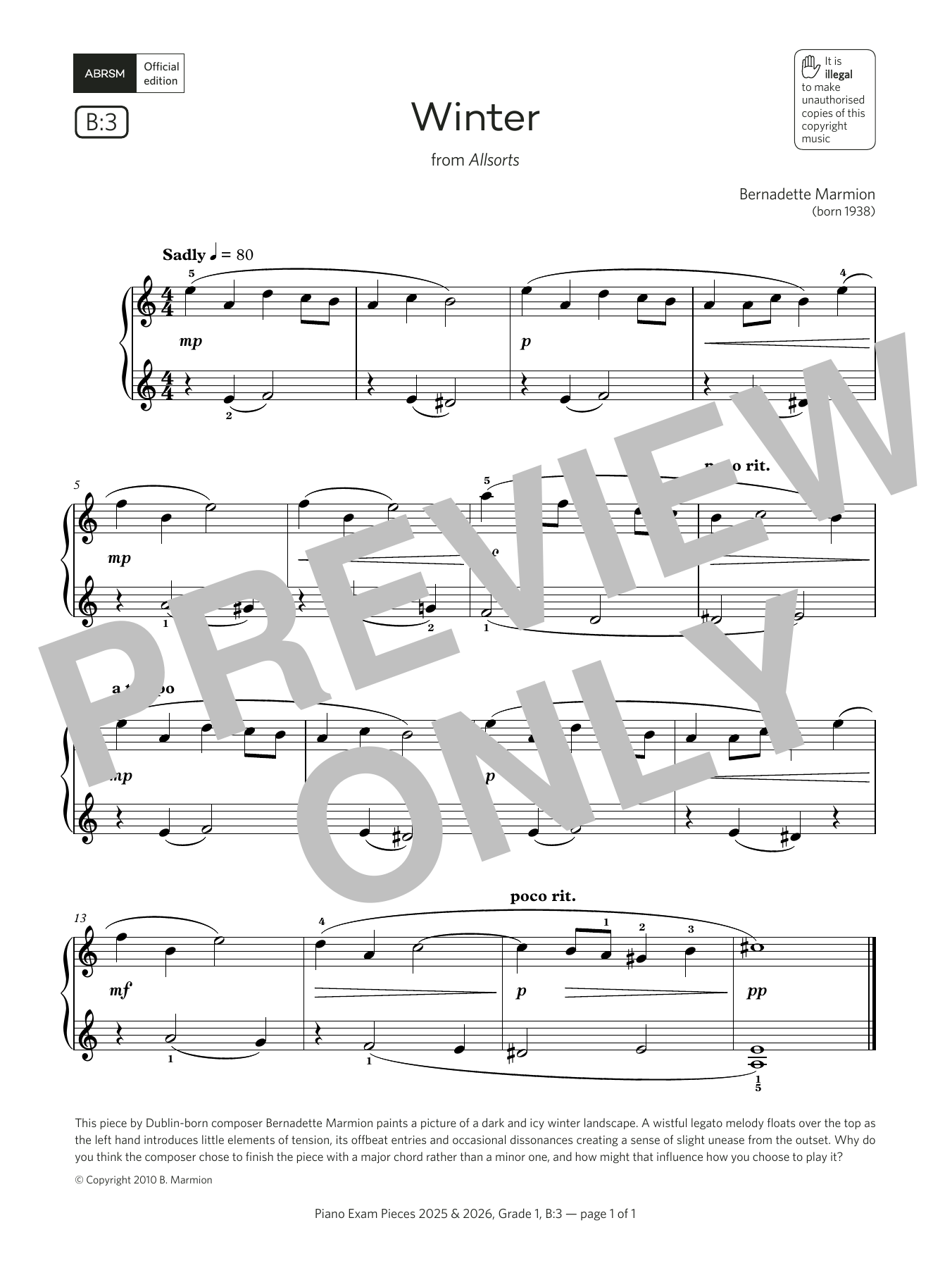 Bernadette Marmion Winter (Grade 1, list B3, from the ABRSM Piano Syllabus 2025 & 2026) sheet music notes and chords arranged for Piano Solo