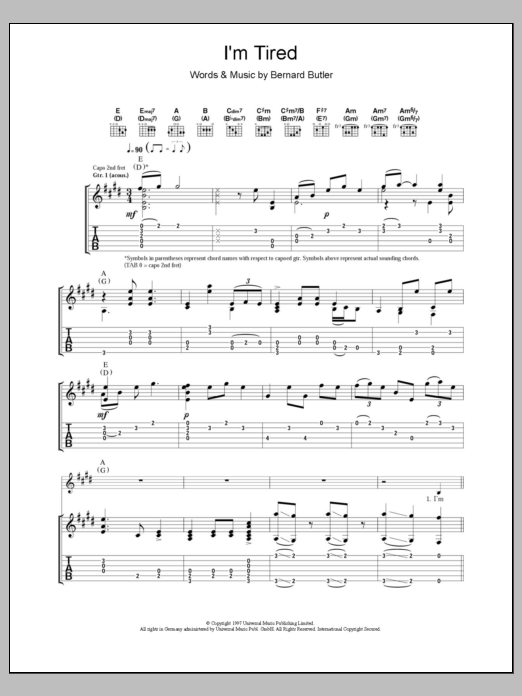 Bernard Butler I'm Tired sheet music notes and chords arranged for Guitar Tab