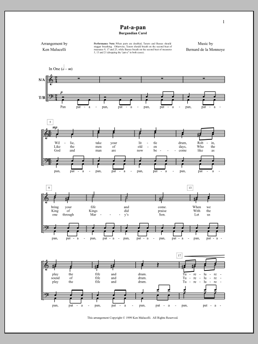 Bernard de la Monnoye Pat-a-Pan sheet music notes and chords arranged for SATB Choir
