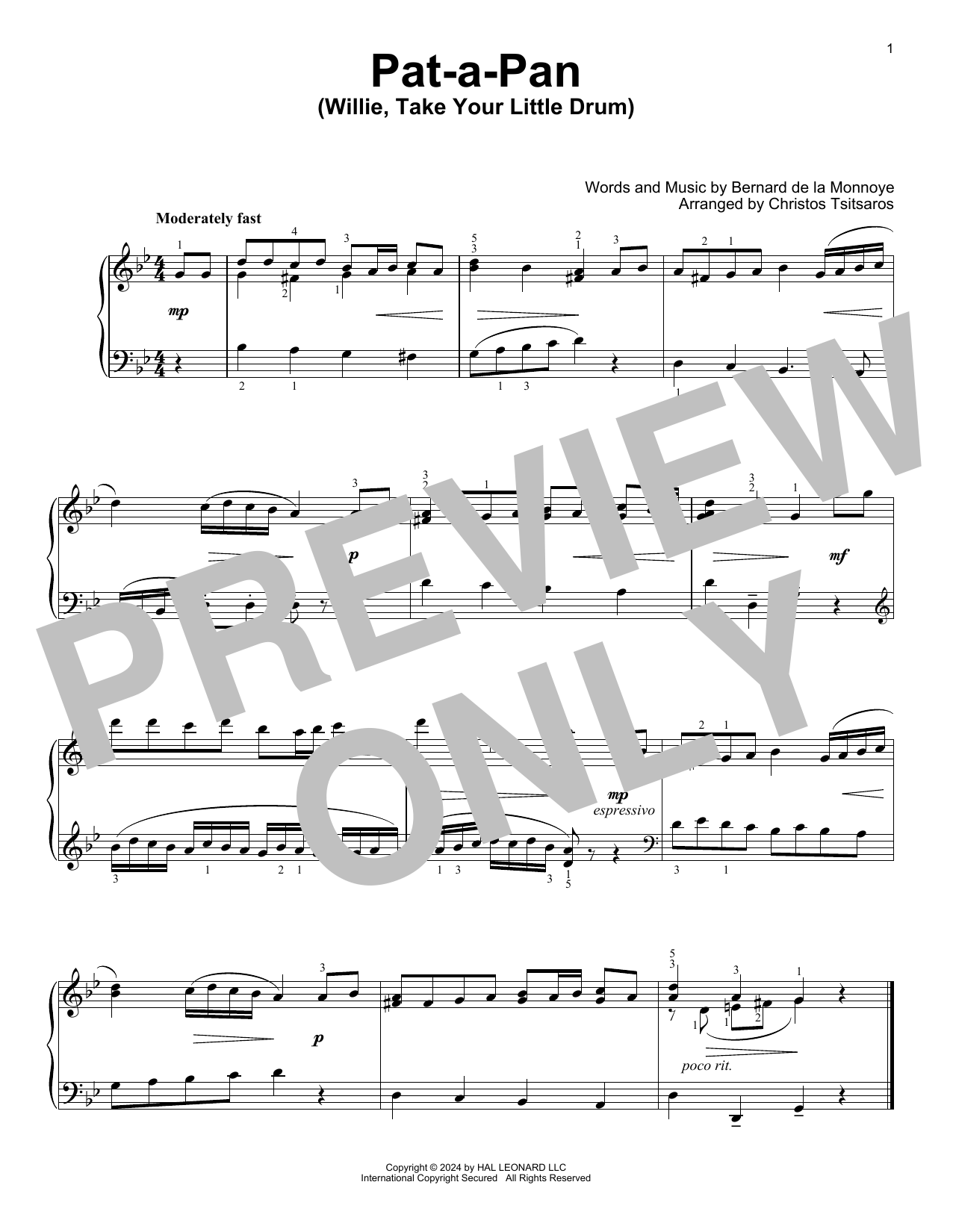 Bernard de la Monnoye Pat-A-Pan (Willie, Take Your Little Drum) (arr. Christos Tsitsaros) sheet music notes and chords arranged for Easy Piano Solo