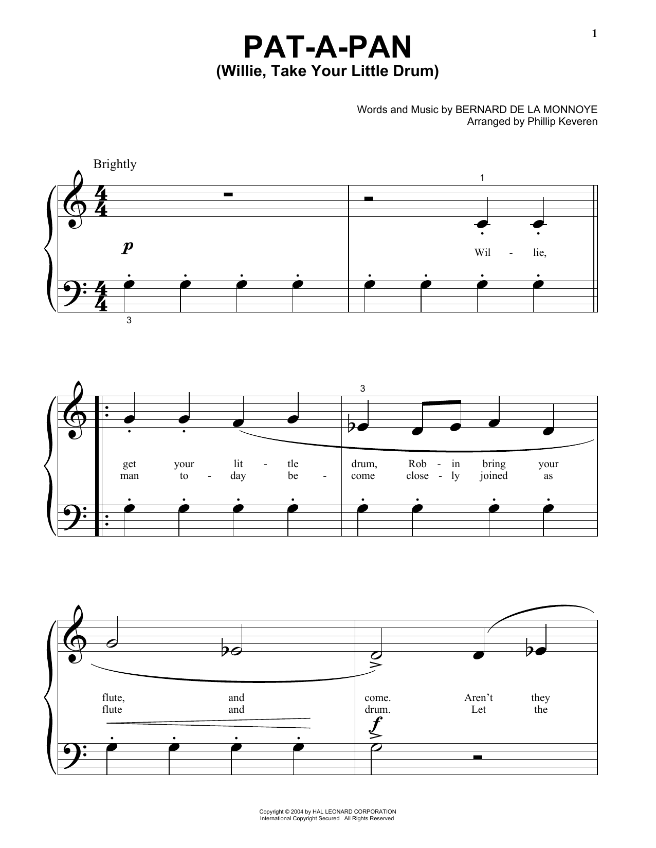 Bernard de la Monnoye Pat-A-Pan (Willie, Take Your Little Drum) (arr. Phillip Keveren) sheet music notes and chords arranged for Piano Solo