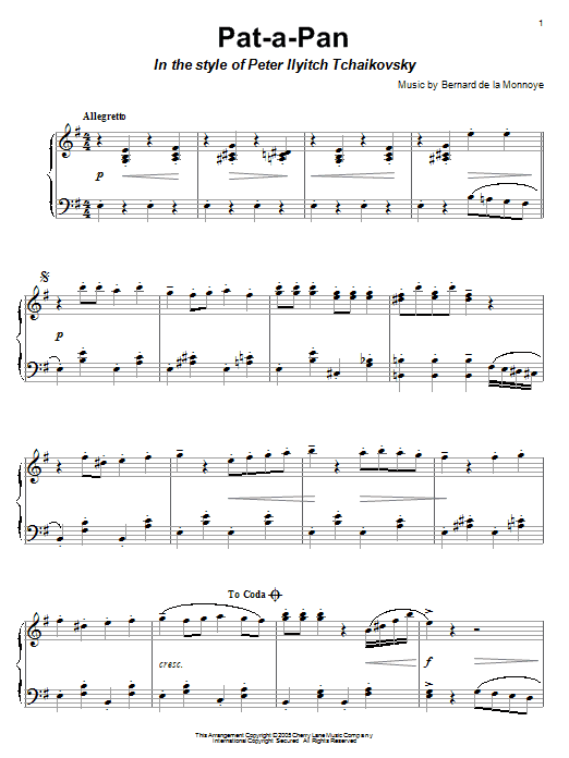 Bernard de la Monnoye Pat-A-Pan (Willie, Take Your Little Drum) (in the style of Tchaikovsky) sheet music notes and chords arranged for Piano Solo