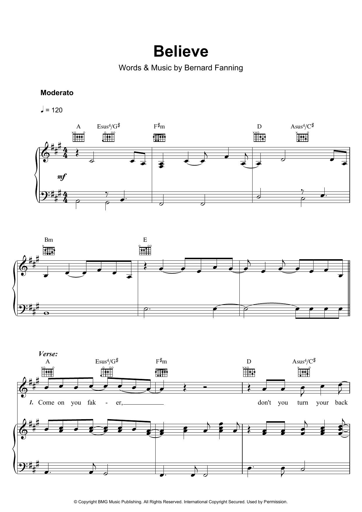 Bernard Fanning Believe sheet music notes and chords arranged for Piano, Vocal & Guitar Chords