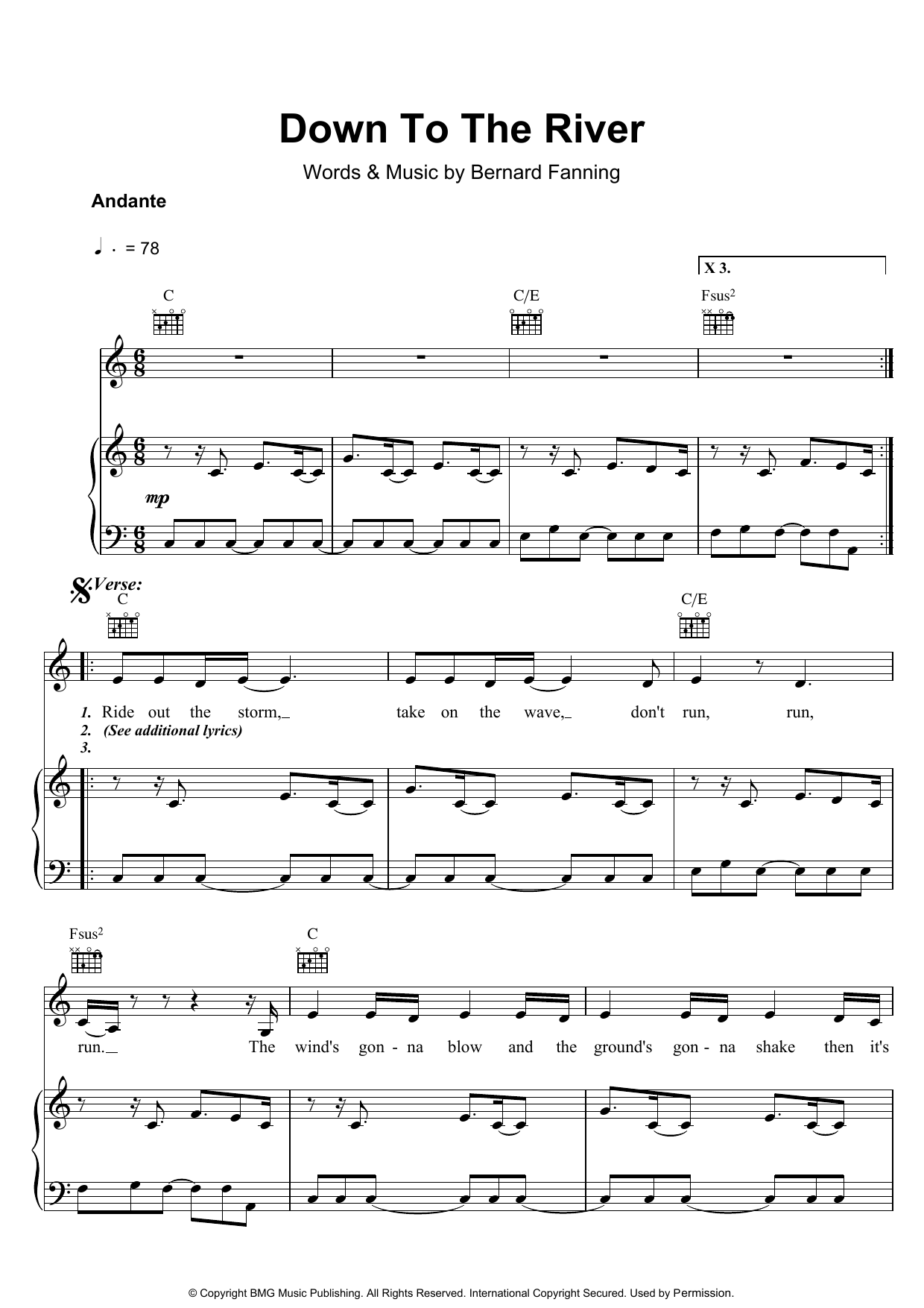 Bernard Fanning Down To The River sheet music notes and chords arranged for Piano, Vocal & Guitar Chords