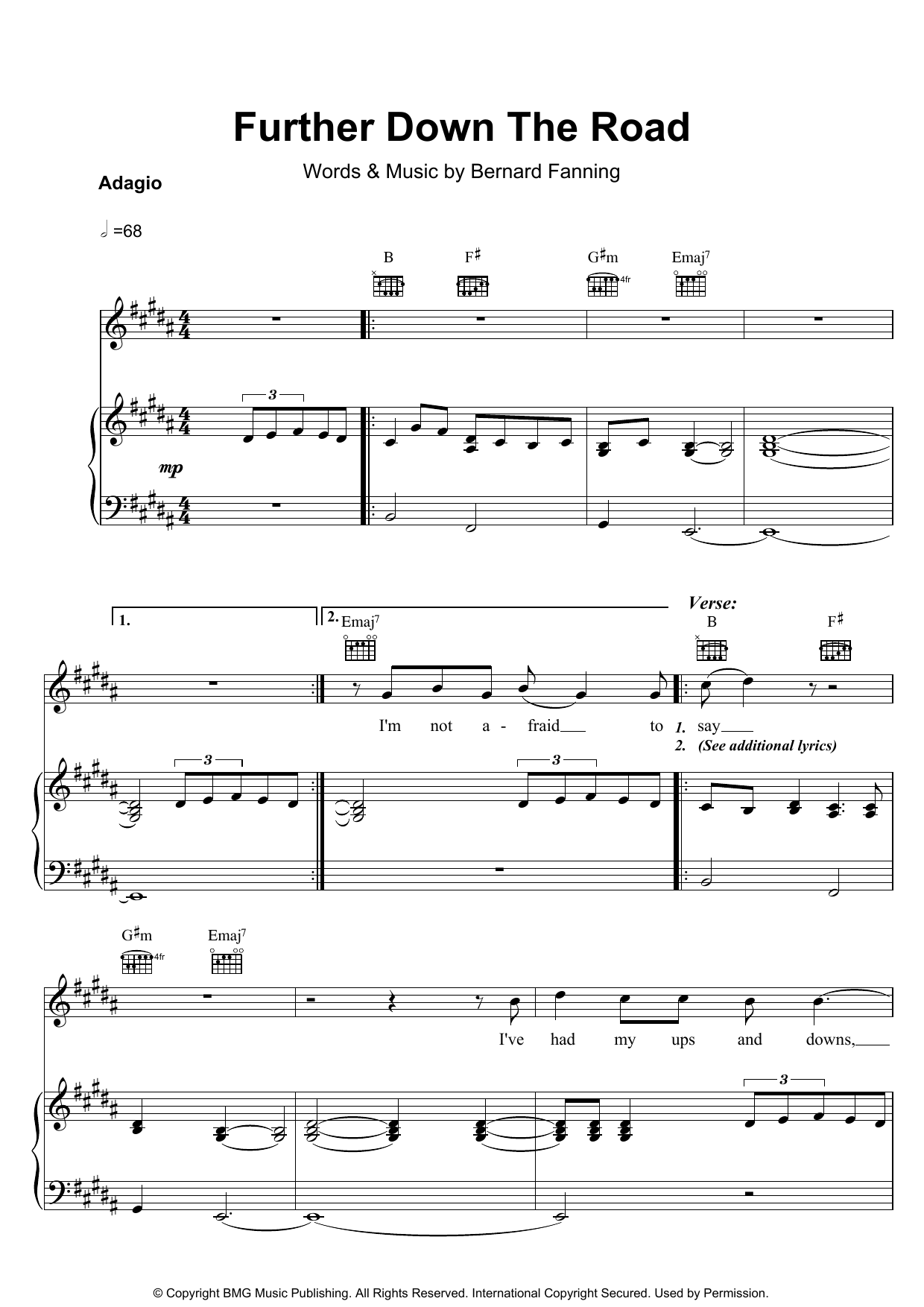 Bernard Fanning Further Down The Road sheet music notes and chords arranged for Piano, Vocal & Guitar Chords