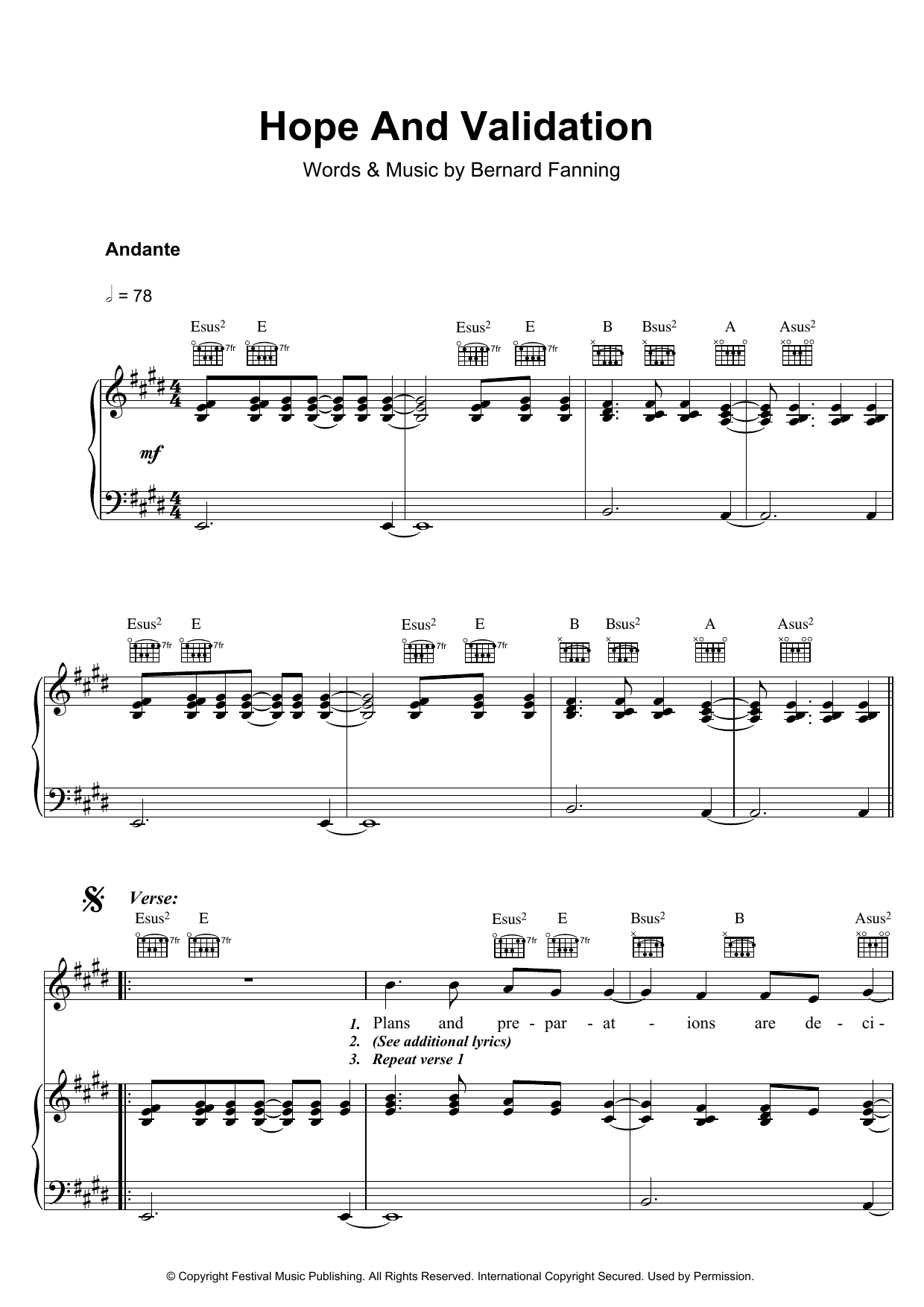 Bernard Fanning Hope And Validation sheet music notes and chords arranged for Piano, Vocal & Guitar Chords