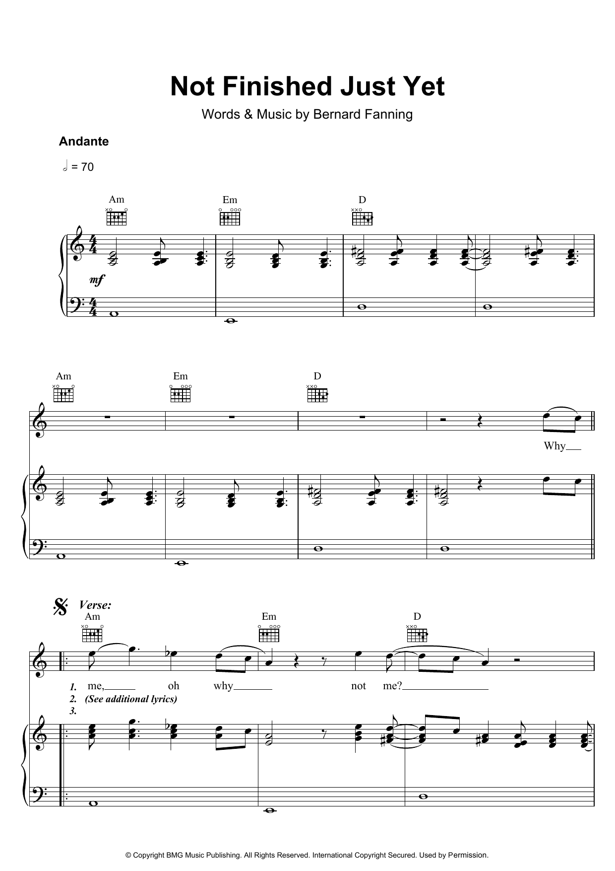 Bernard Fanning Not Finished Just Yet sheet music notes and chords arranged for Piano, Vocal & Guitar Chords