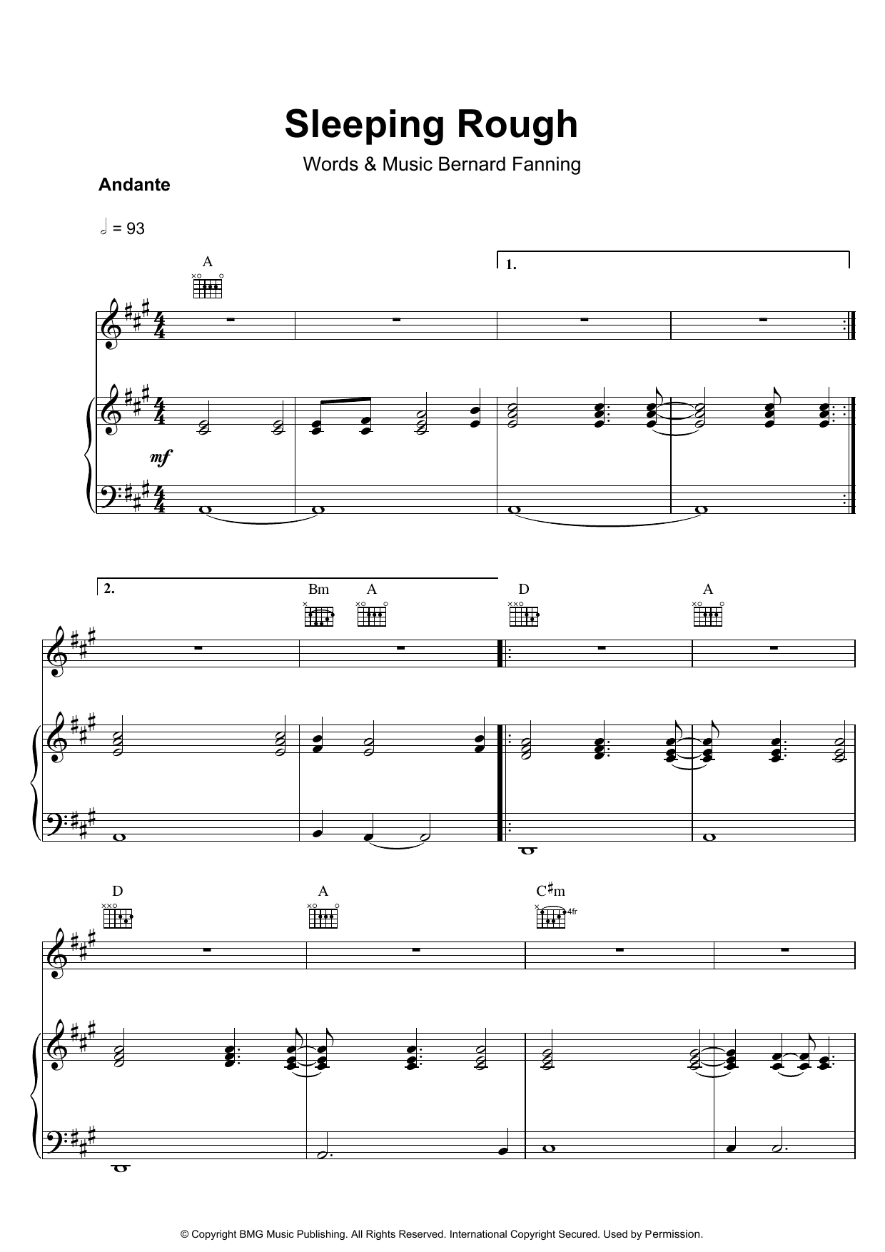 Bernard Fanning Sleeping Rough sheet music notes and chords arranged for Piano, Vocal & Guitar Chords