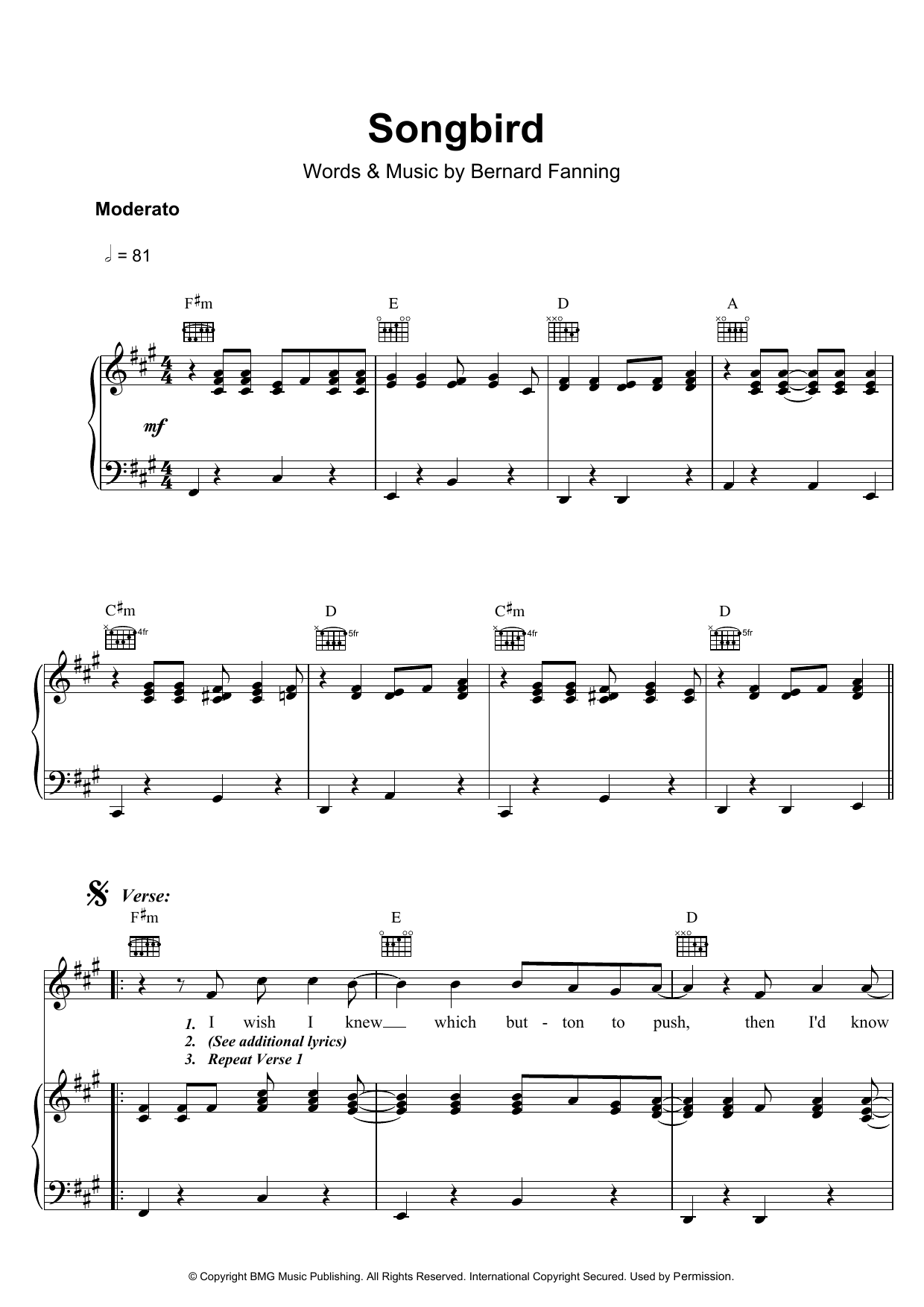 Bernard Fanning Songbird sheet music notes and chords arranged for Piano, Vocal & Guitar Chords