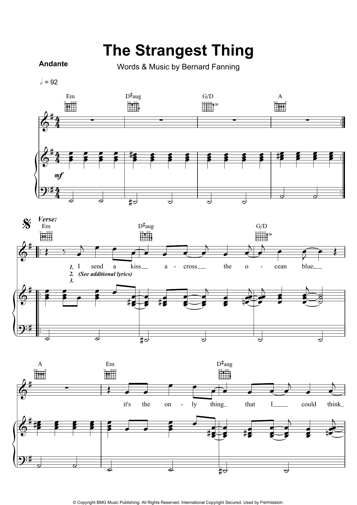 Bernard Fanning The Strangest Thing sheet music notes and chords arranged for Piano, Vocal & Guitar Chords