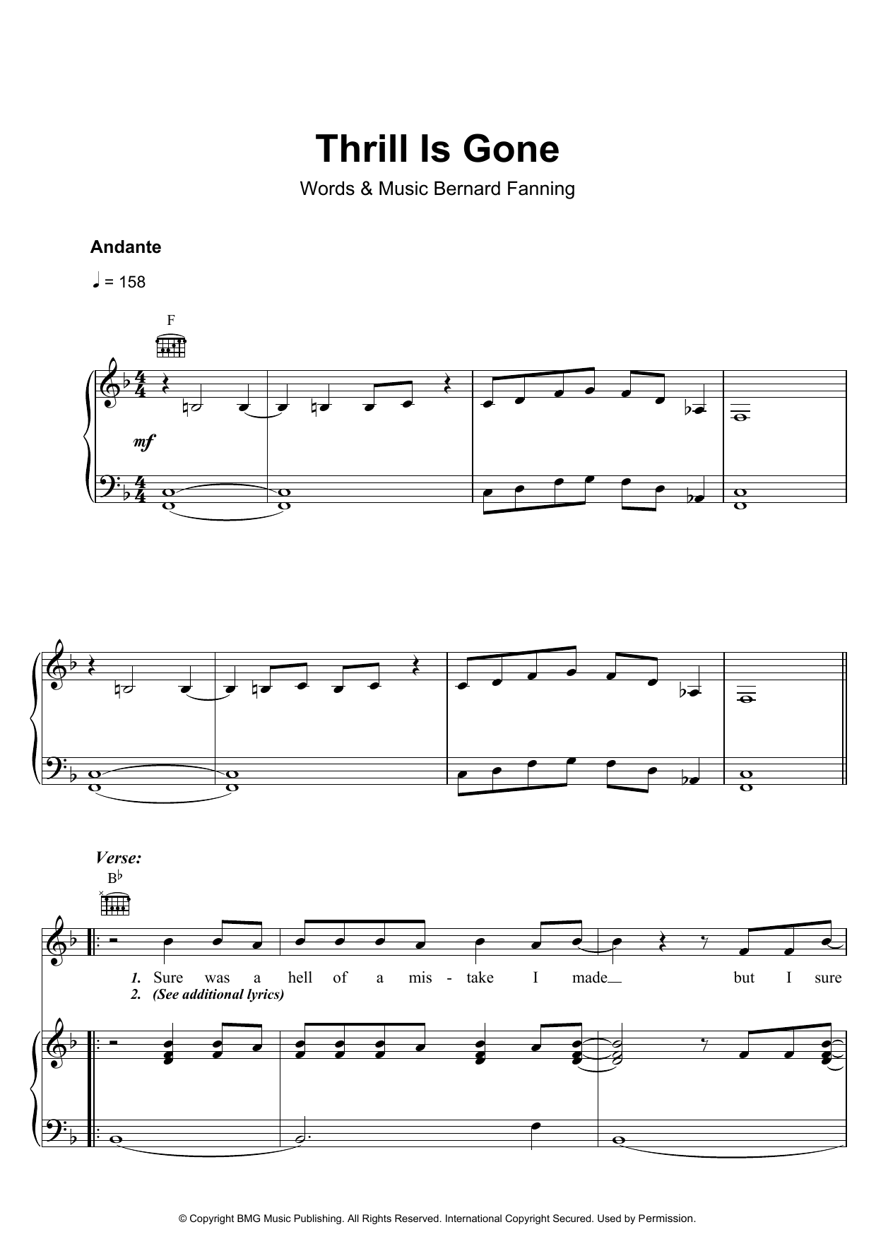 Bernard Fanning Thrill Is Gone sheet music notes and chords arranged for Piano, Vocal & Guitar Chords