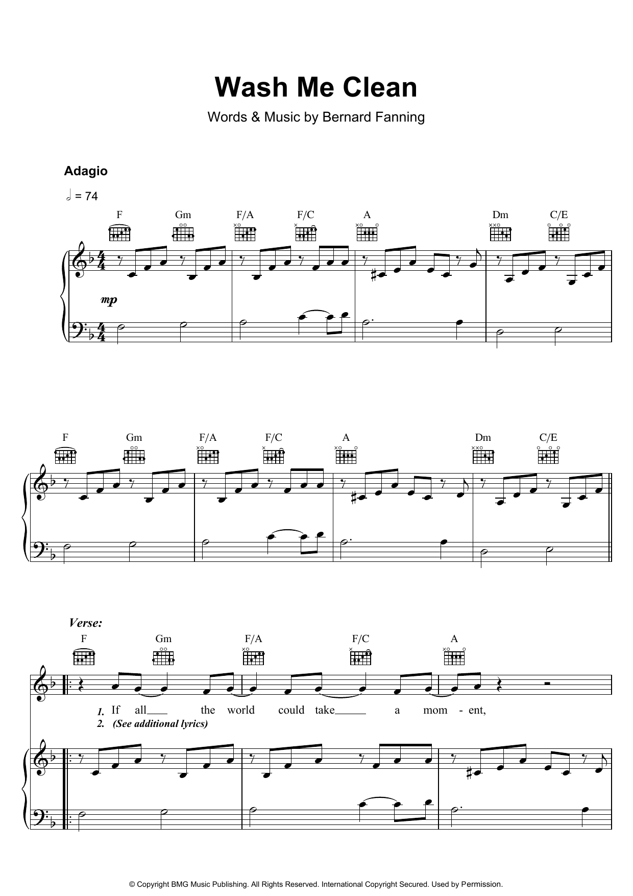 Bernard Fanning Wash Me Clean sheet music notes and chords arranged for Piano, Vocal & Guitar Chords