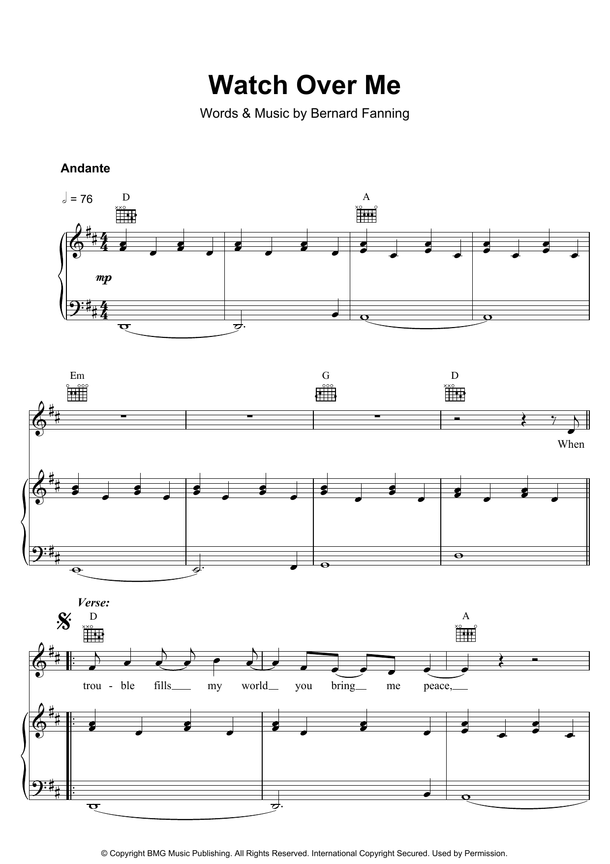 Bernard Fanning Watch Over Me sheet music notes and chords arranged for Piano, Vocal & Guitar Chords