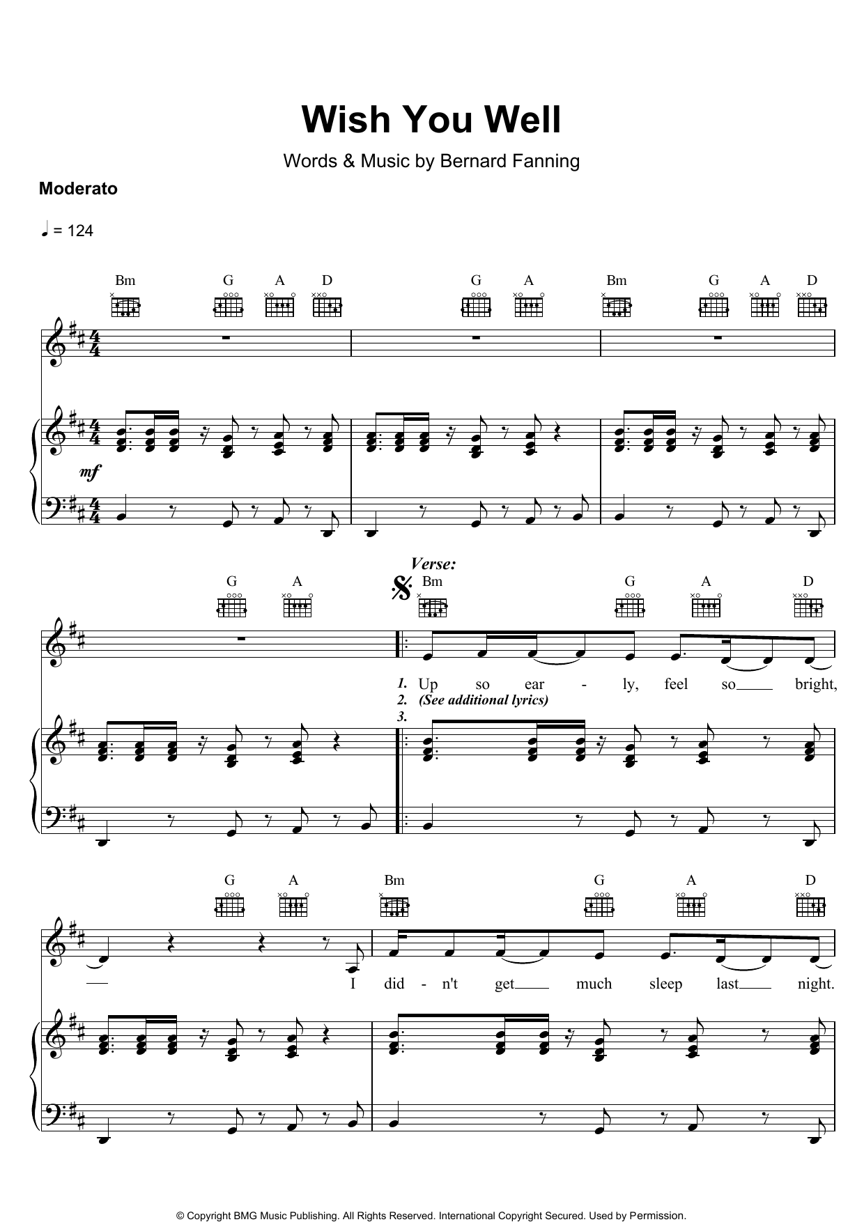 Bernard Fanning Wish You Well sheet music notes and chords arranged for Easy Piano