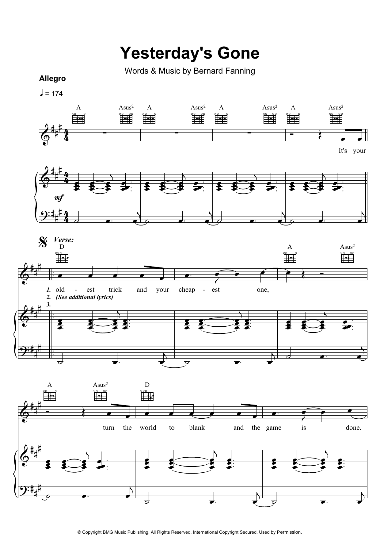 Bernard Fanning Yesterday's Gone sheet music notes and chords arranged for Piano, Vocal & Guitar Chords