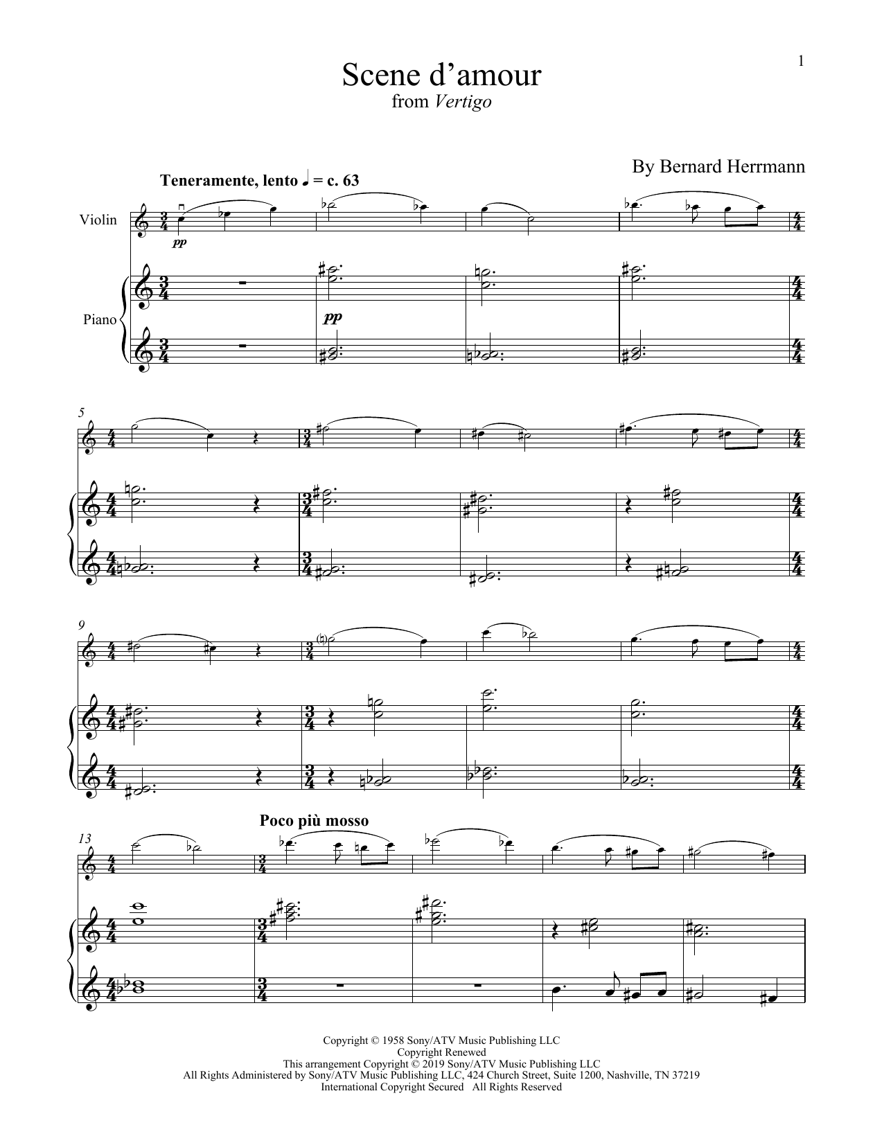 Bernard Hermann Scene D'Amour (from Vertigo) sheet music notes and chords arranged for Flute and Piano