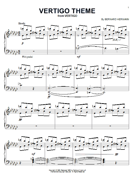 Bernard Hermann Vertigo Theme sheet music notes and chords arranged for Piano Solo