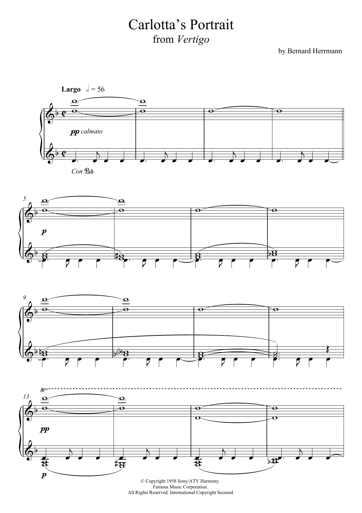 Bernard Herrmann Carlotta's Portrait From Vertigo sheet music notes and chords arranged for Piano Solo