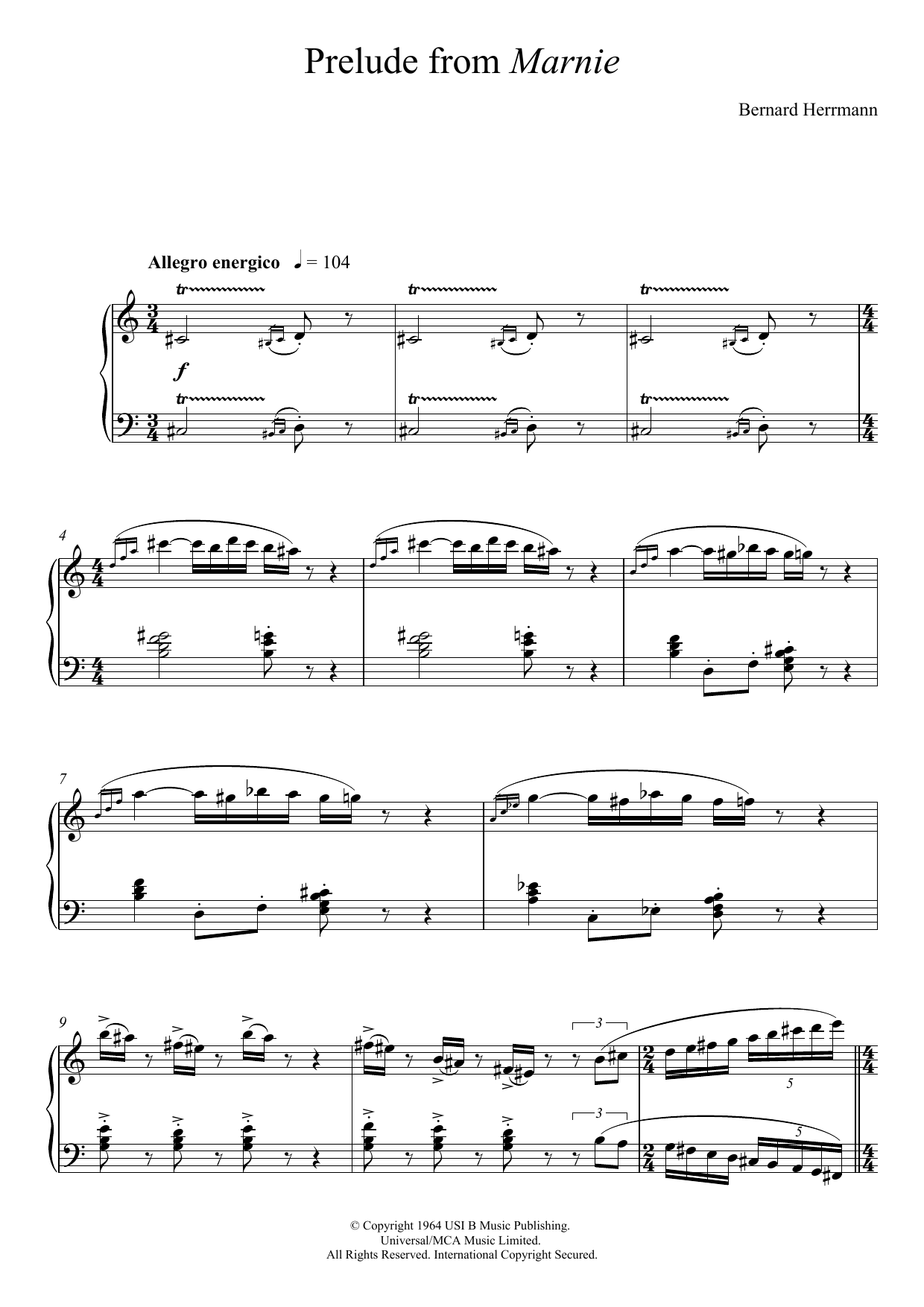 Bernard Herrmann Prelude From Marnie sheet music notes and chords arranged for Piano Solo
