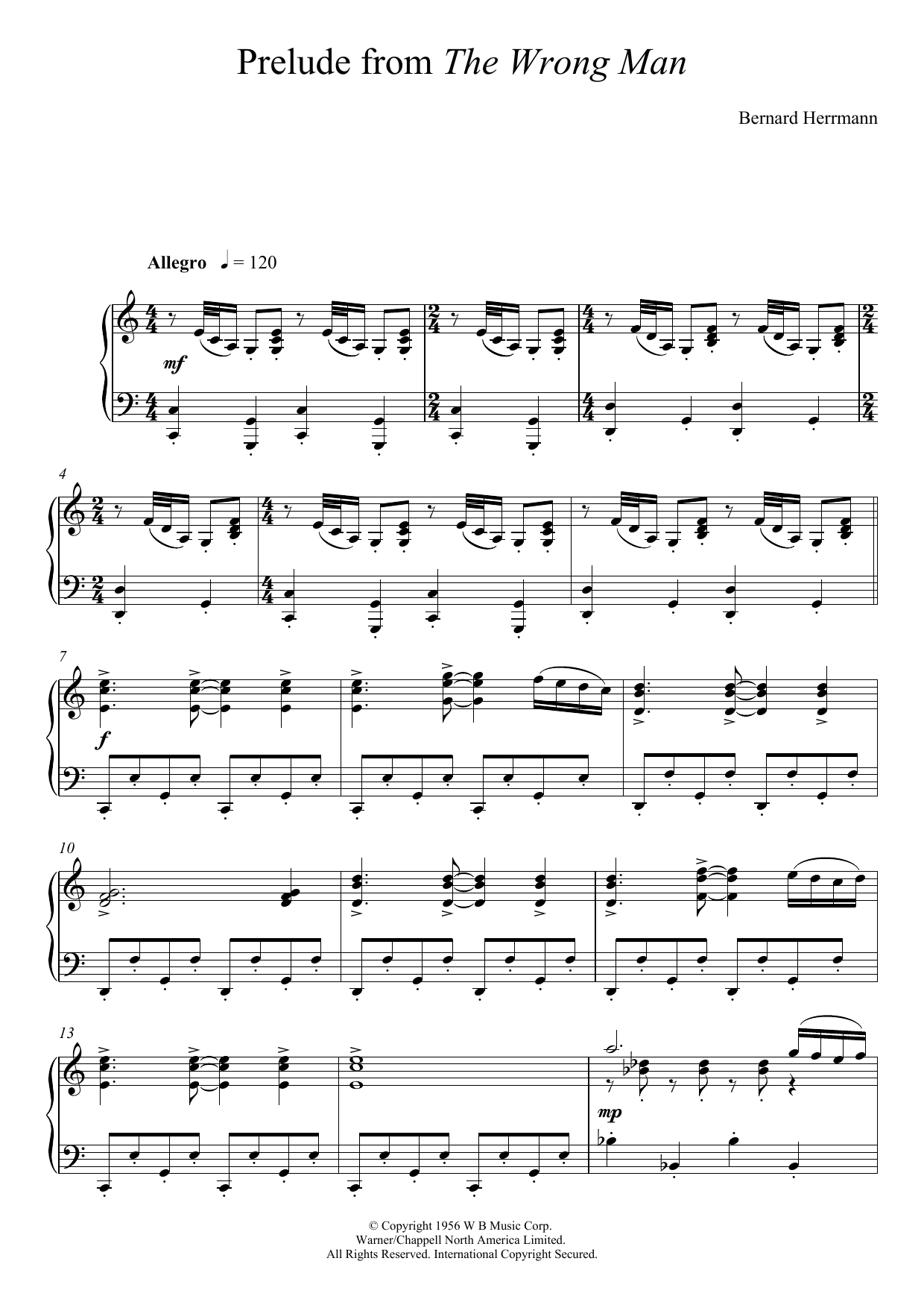 Bernard Herrmann Prelude From The Wrong Man sheet music notes and chords arranged for Piano Solo