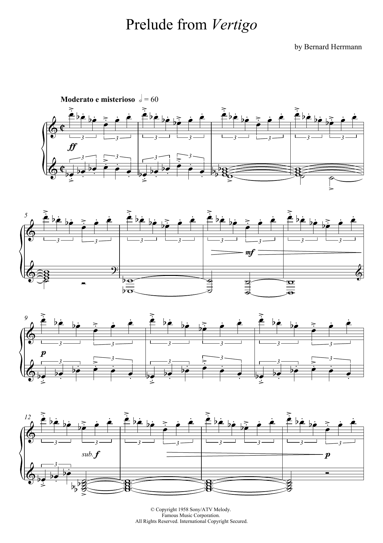 Bernard Herrmann Prelude From Vertigo sheet music notes and chords arranged for Piano Solo