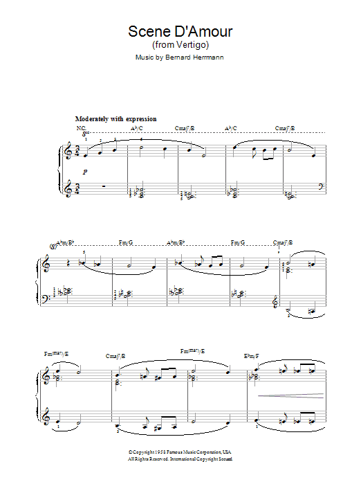 Bernard Herrmann Scene D'Amour (from Vertigo) sheet music notes and chords arranged for Piano, Vocal & Guitar Chords